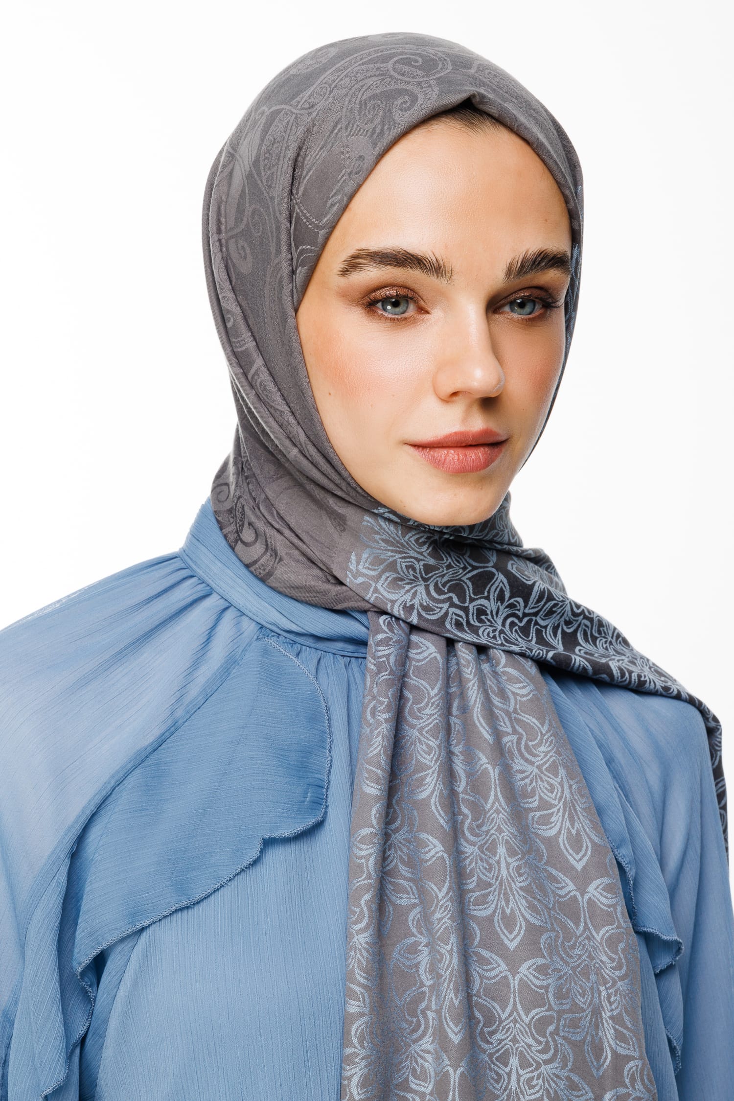 Toptan Nora Desen Çift Taraflı Şal - Koyu Gri-Açık Mavi
