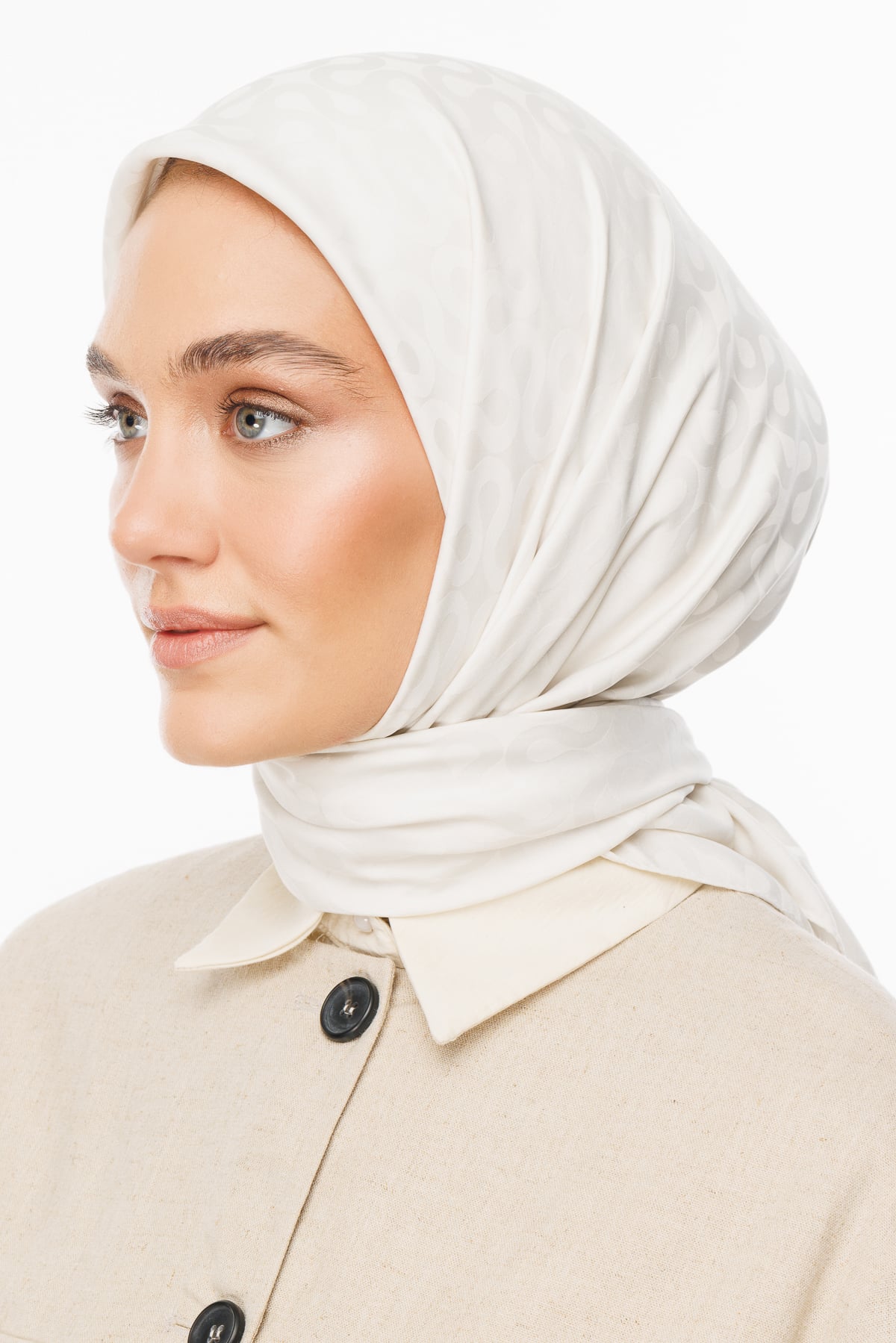 Toptan Moon Desen İpeksi Jakar Eşarp - İnci