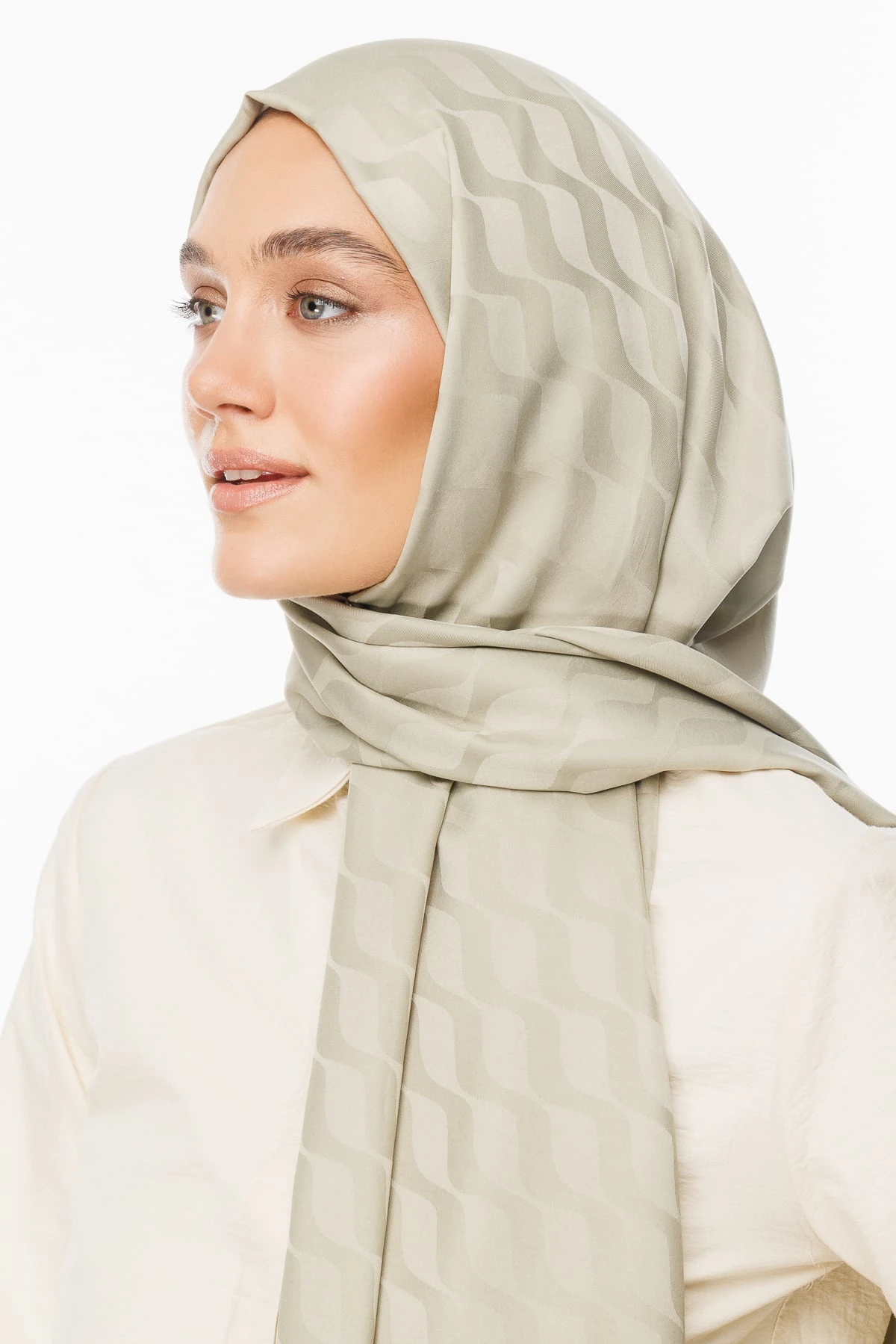 Wave-Pattern Silky Jacquard Shawl - Sage