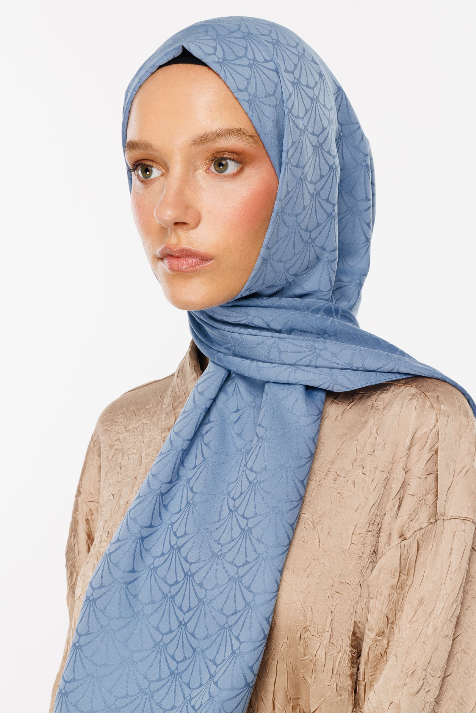 Toptan Lotus Desen İpeksi Jakar Şal - Gök Mavisi