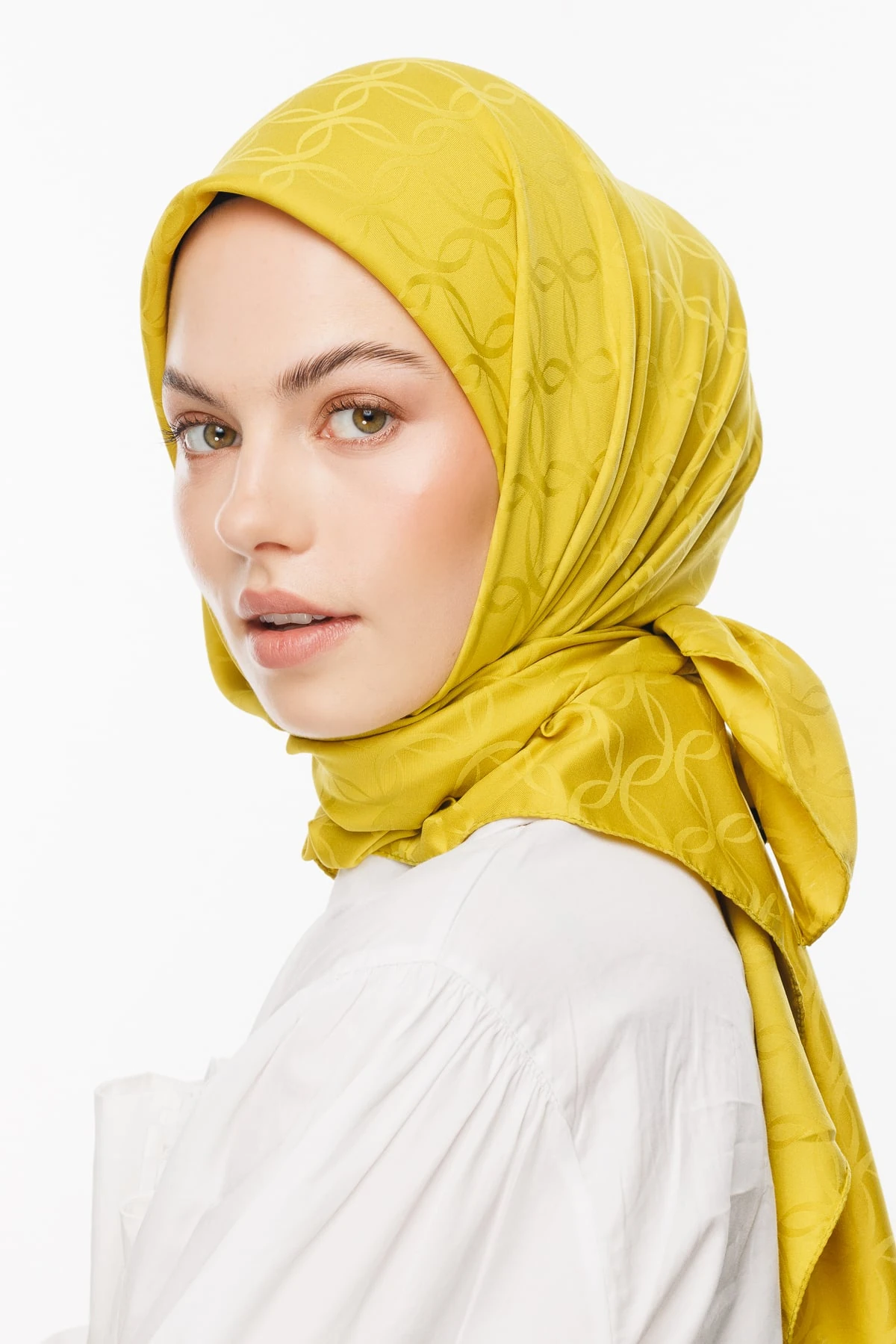 Toptan London Desen İpeksi Jakar Eşarp - Oliv Yeşili