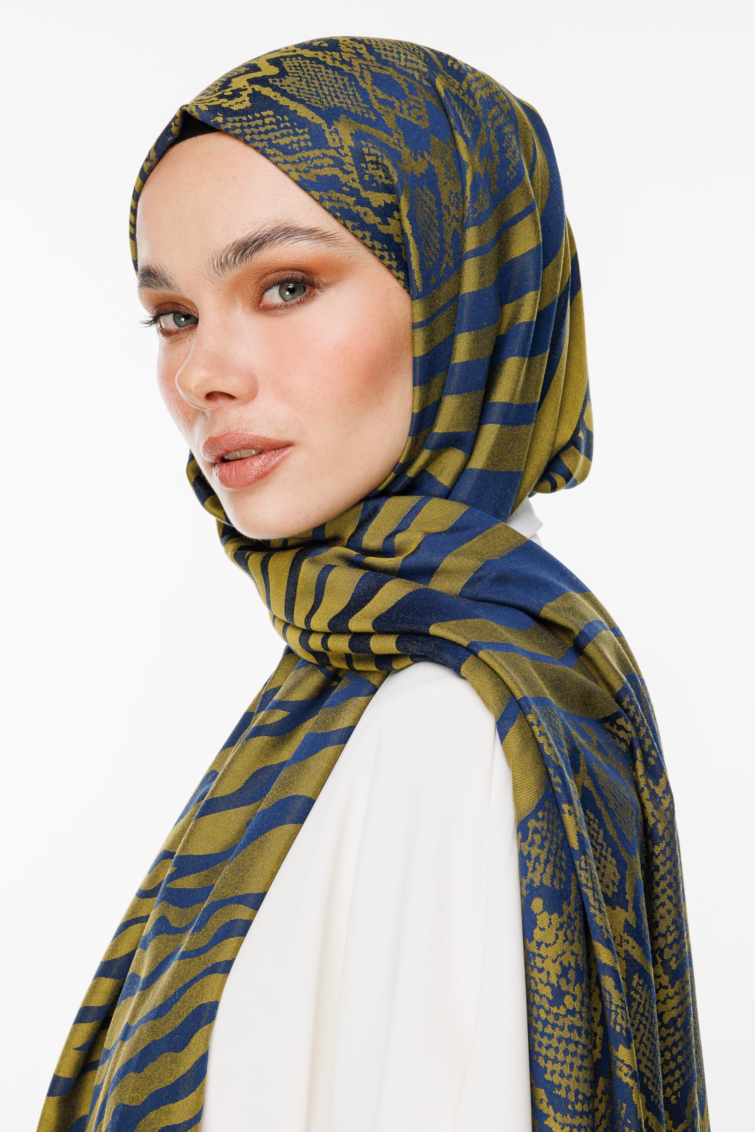 Riad-Pattern Reversible Shawl - Navy Blue-Oil Green