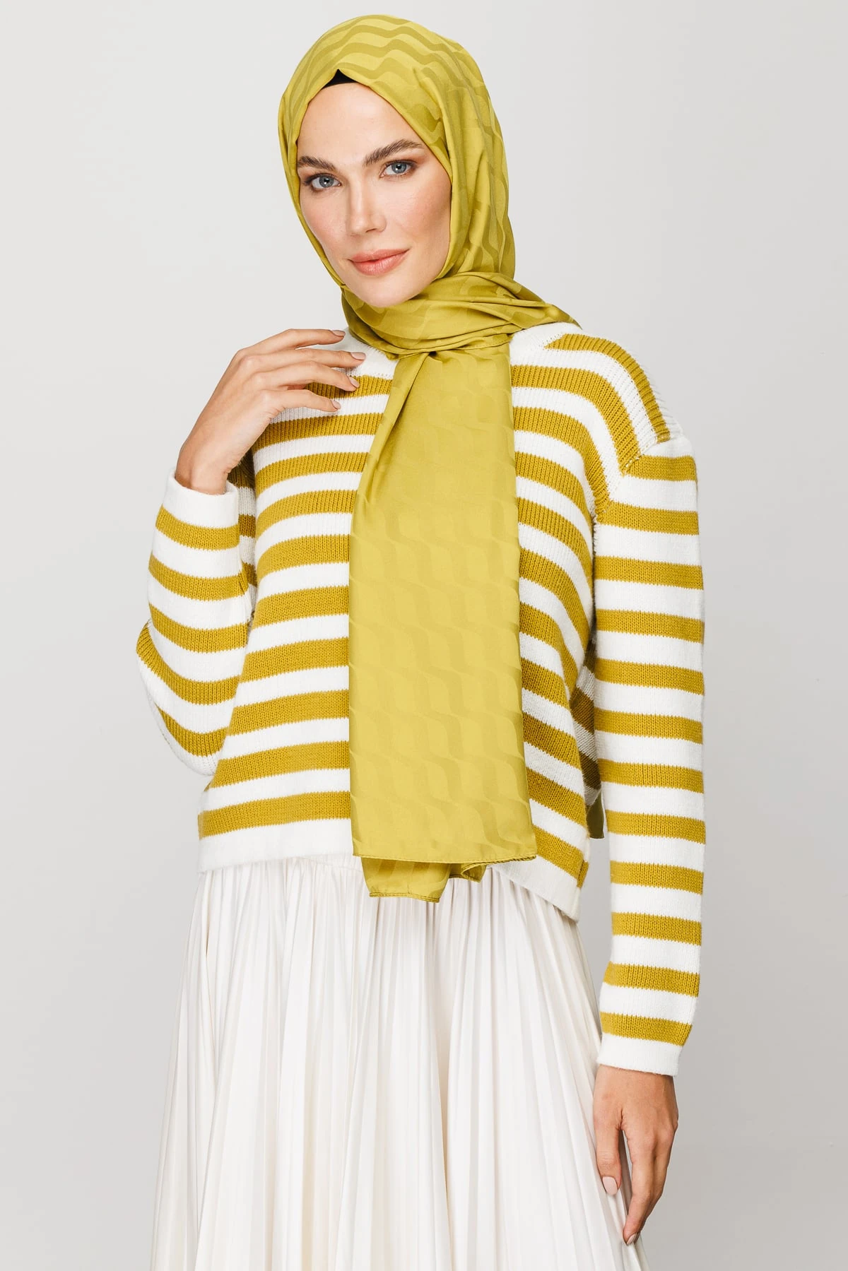 Toptan Dalga Desen İpeksi Jakar Şal - Oliv Yeşili