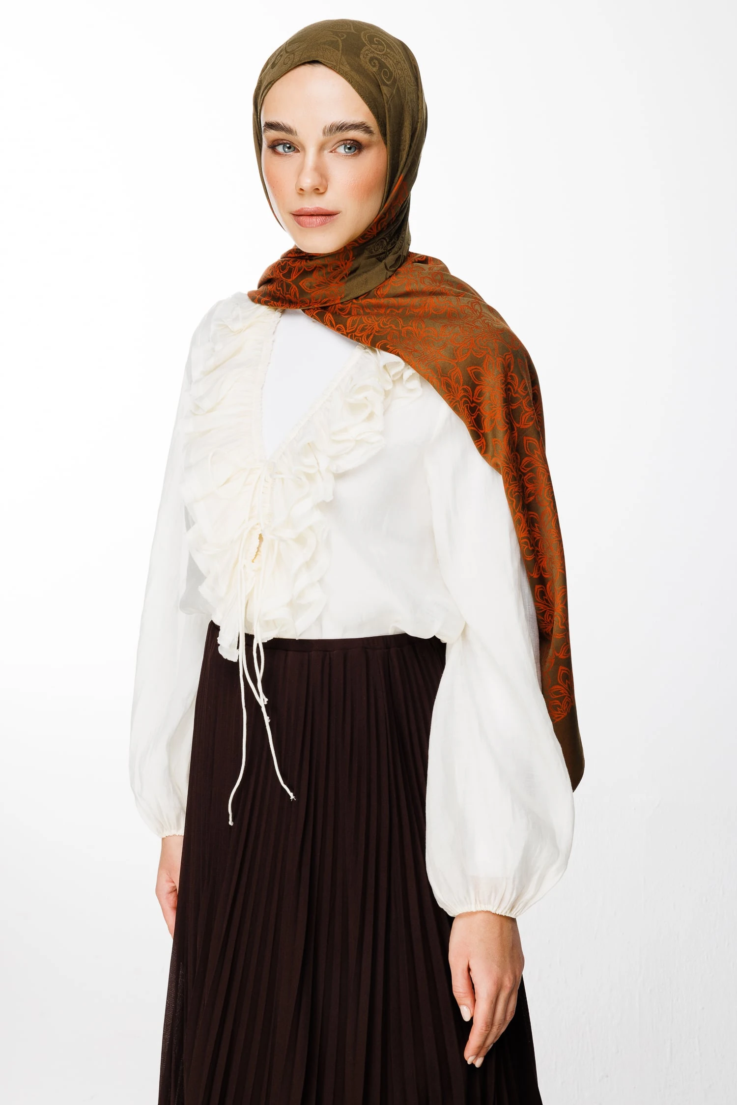 Toptan Nora Desen Çift Taraflı Şal - Koyu Haki-Tarçın