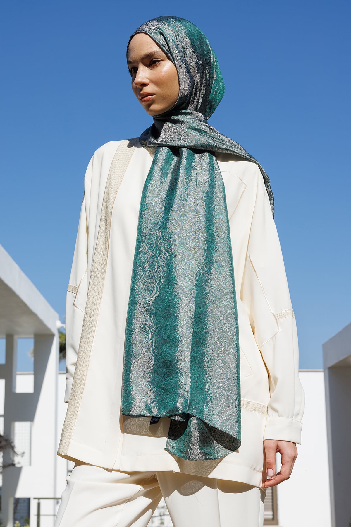 Toptan Moren Desen Shine Line Şal - Zümrüt-Pembe