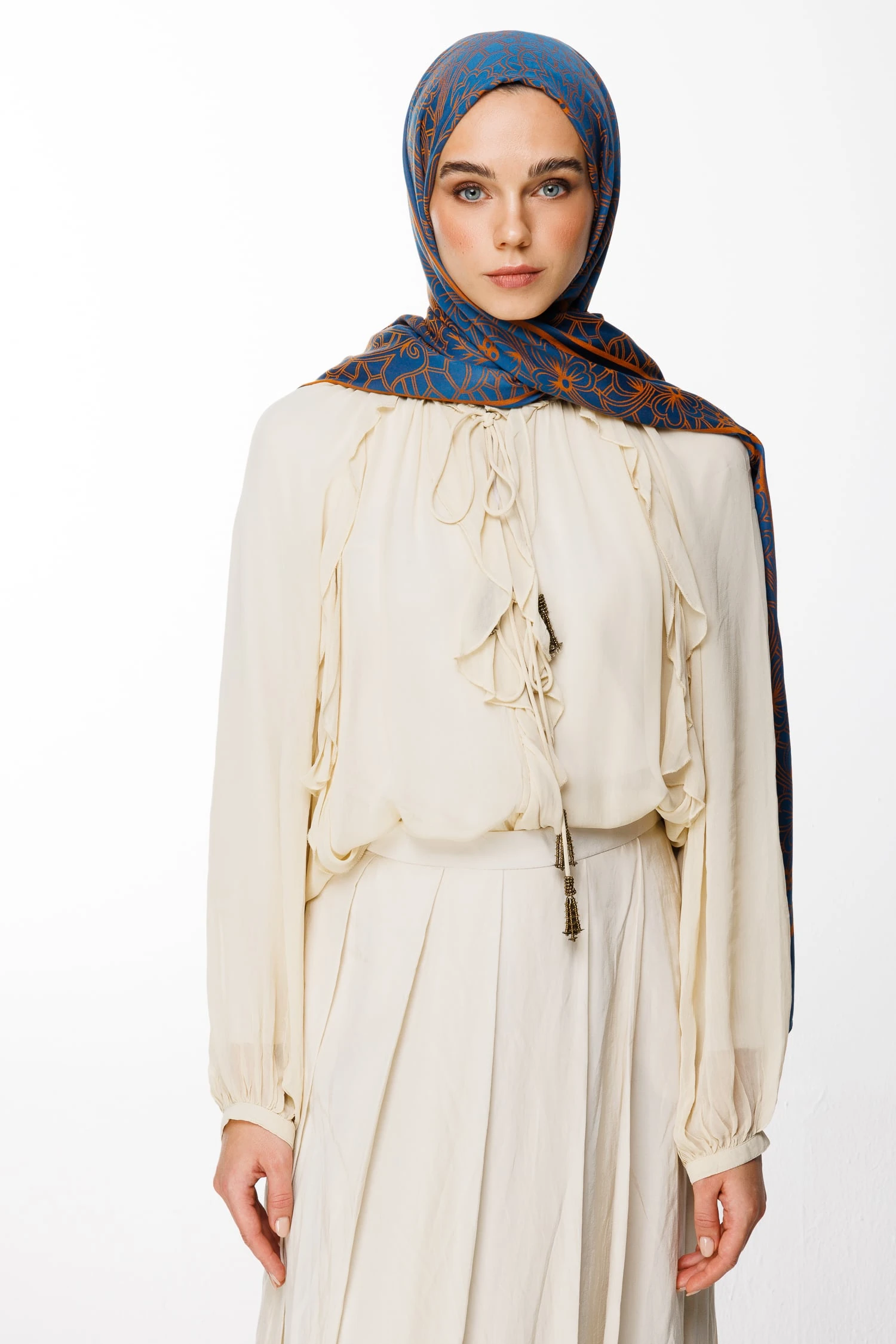 Toptan Lavin Desen Çift Taraflı Şal - Petrol Mavisi-Turuncu