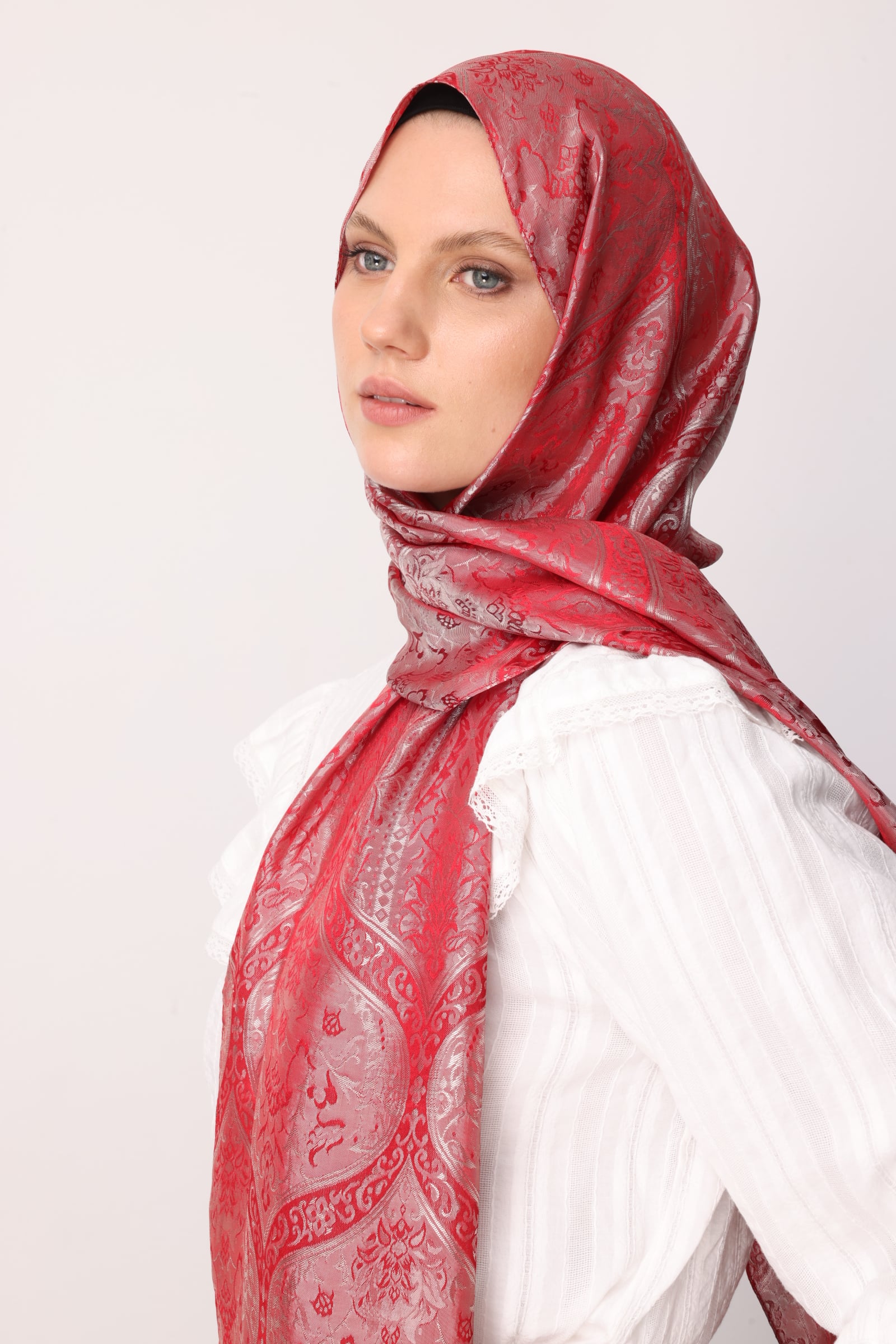 Toptan Soler Desen Shine Line Şal - Bordo-Mint Yeşili