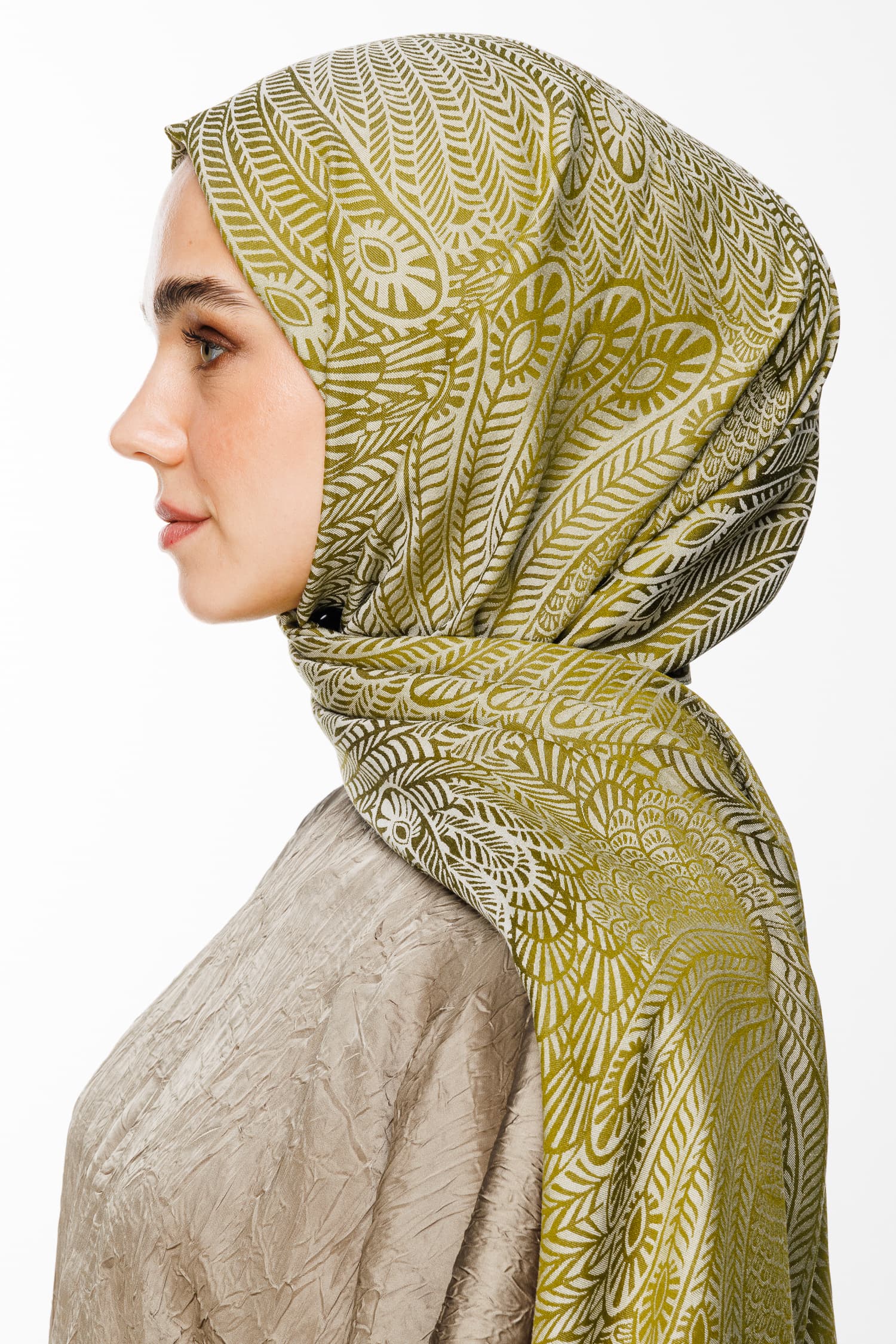 Toptan Mayra Desen Çift Taraflı Şal - Yağ Yeşili-Ekru