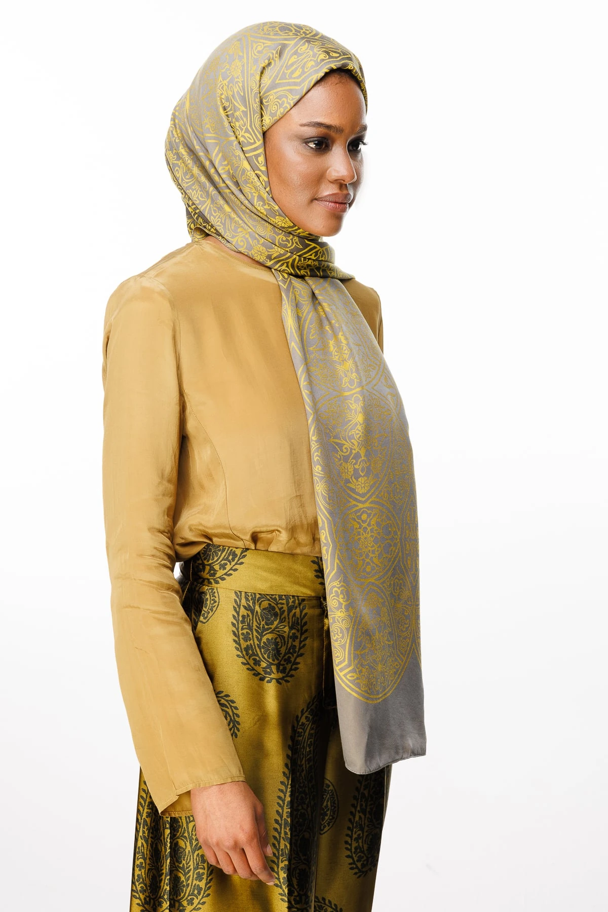 Toptan Morocco Desen Çift Taraflı Şal - Koyu Gri-Hardal