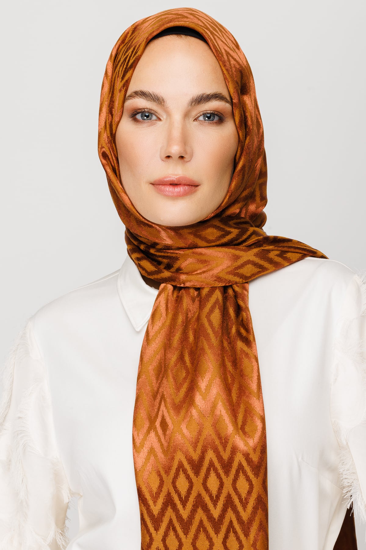 Toptan Karo Desen Parlak Jakar Şal - Bakır