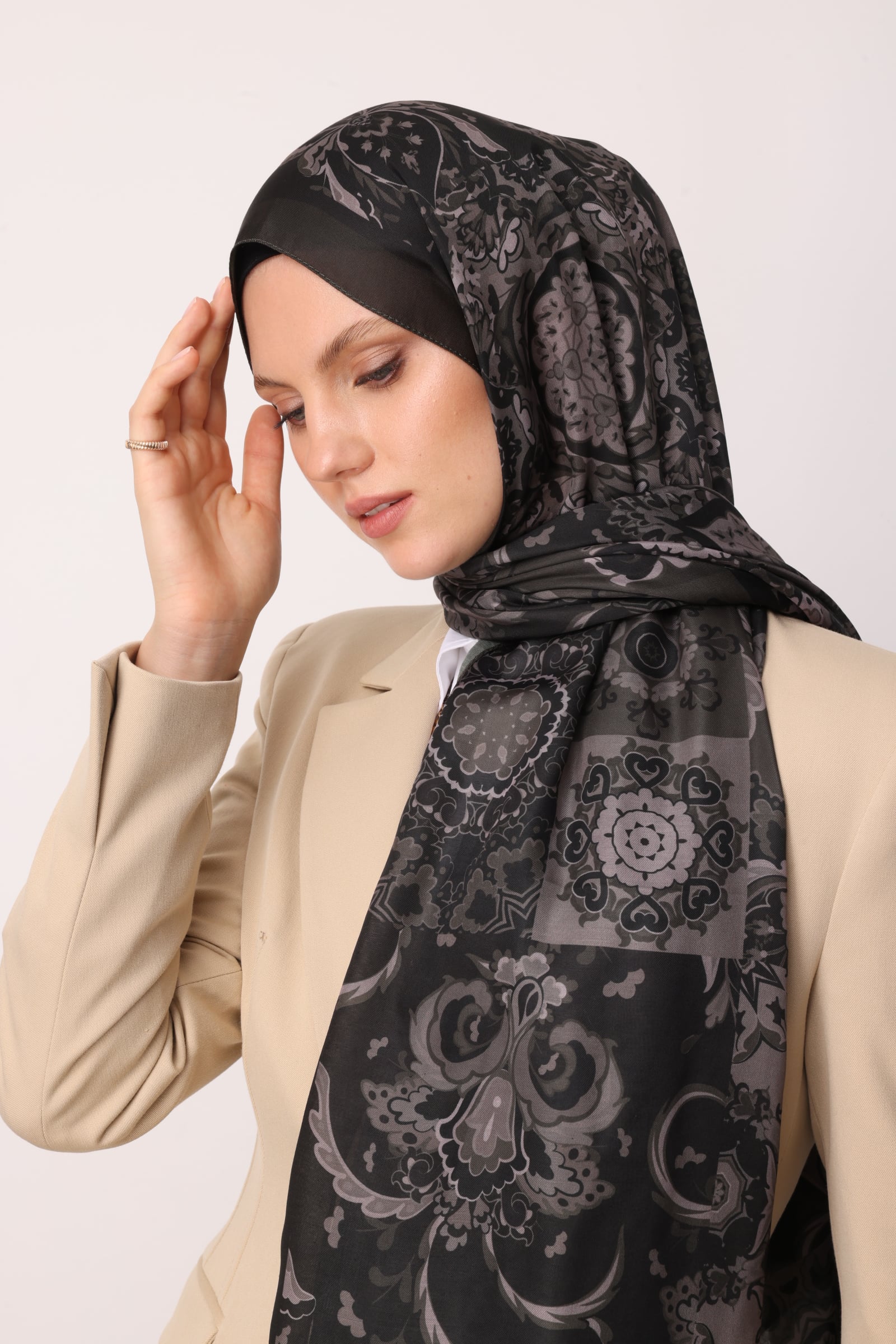 Toptan Solhar Desen Pamuk Şal - Haki