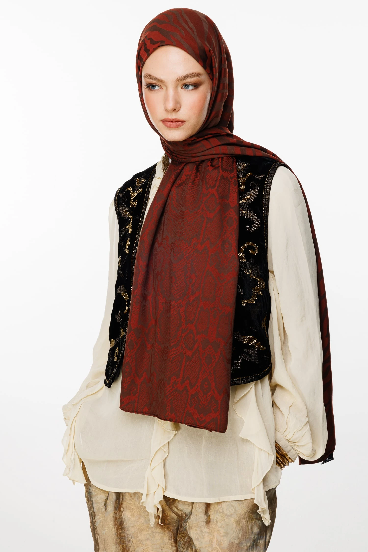 Toptan Riad Desen Çift Taraflı Şal - Acı Kahve-Kahve