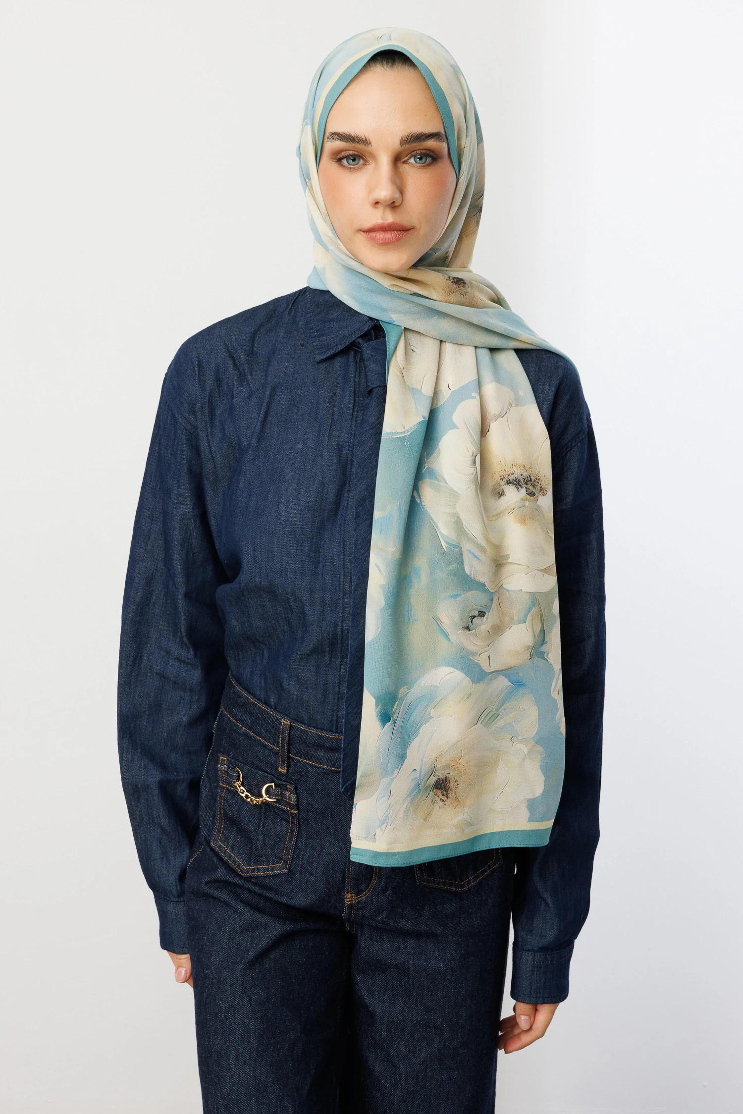 Toptan Rose Desen Hebei İpek Şal - Bebek Mavi