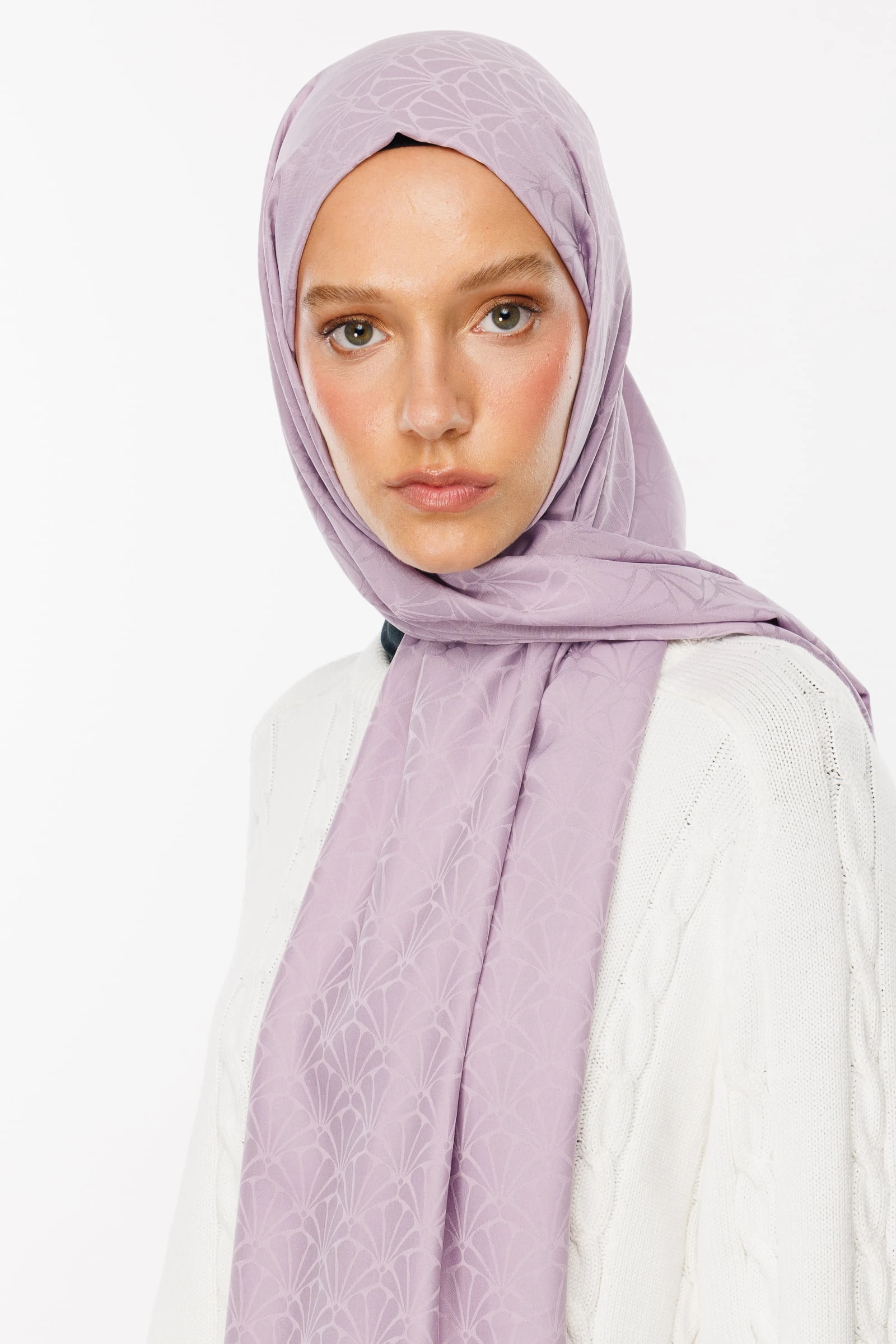 Toptan Lotus Desen İpeksi Jakar Şal - Lila