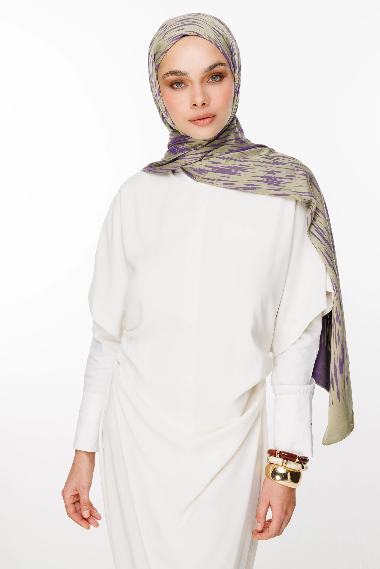 Selis-Pattern Reversible Shawl - Olive-Purple