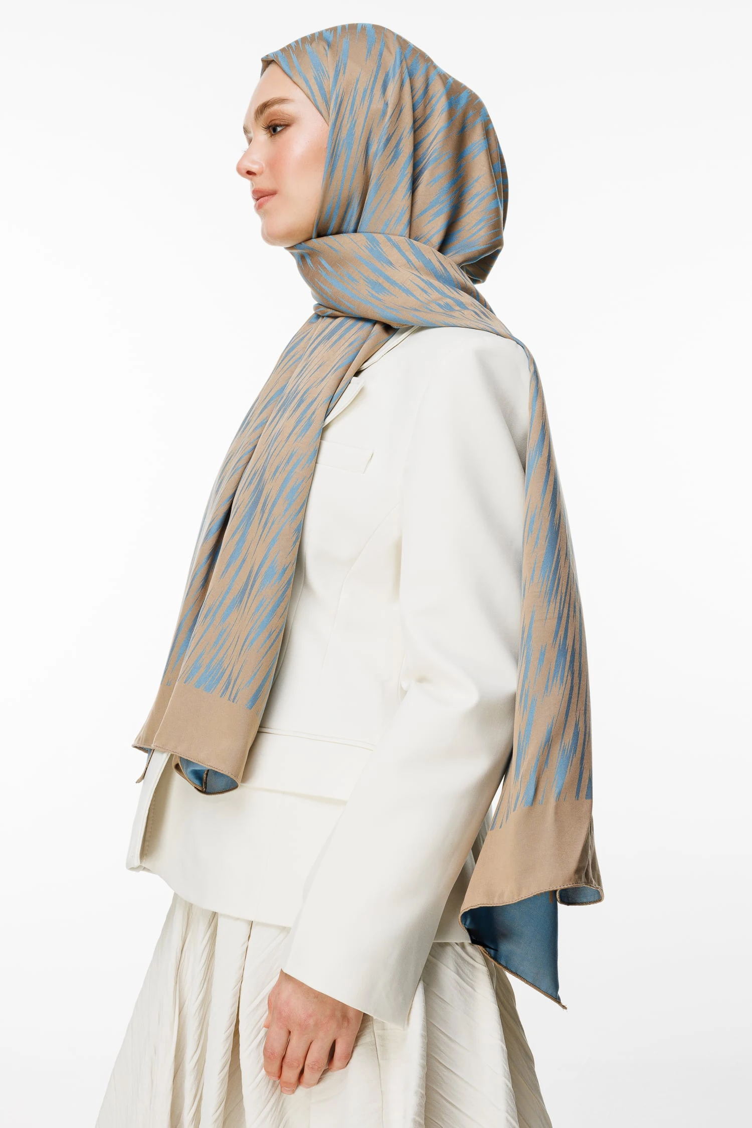 Toptan Selis Desen Çift Taraflı Şal - Vizon-Turkuaz