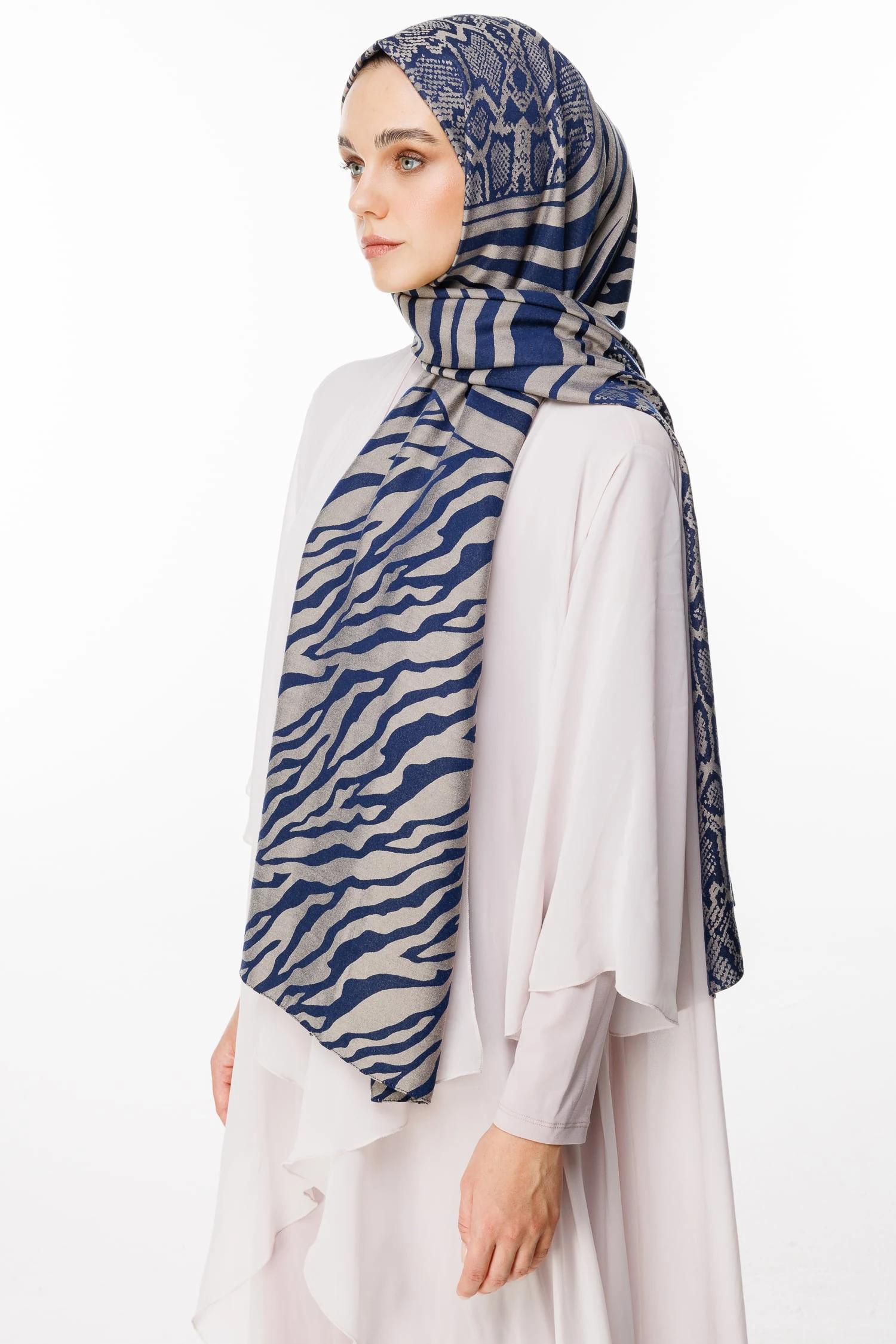 Toptan Riad Desen Çift Taraflı Şal - Lacivert-Bej