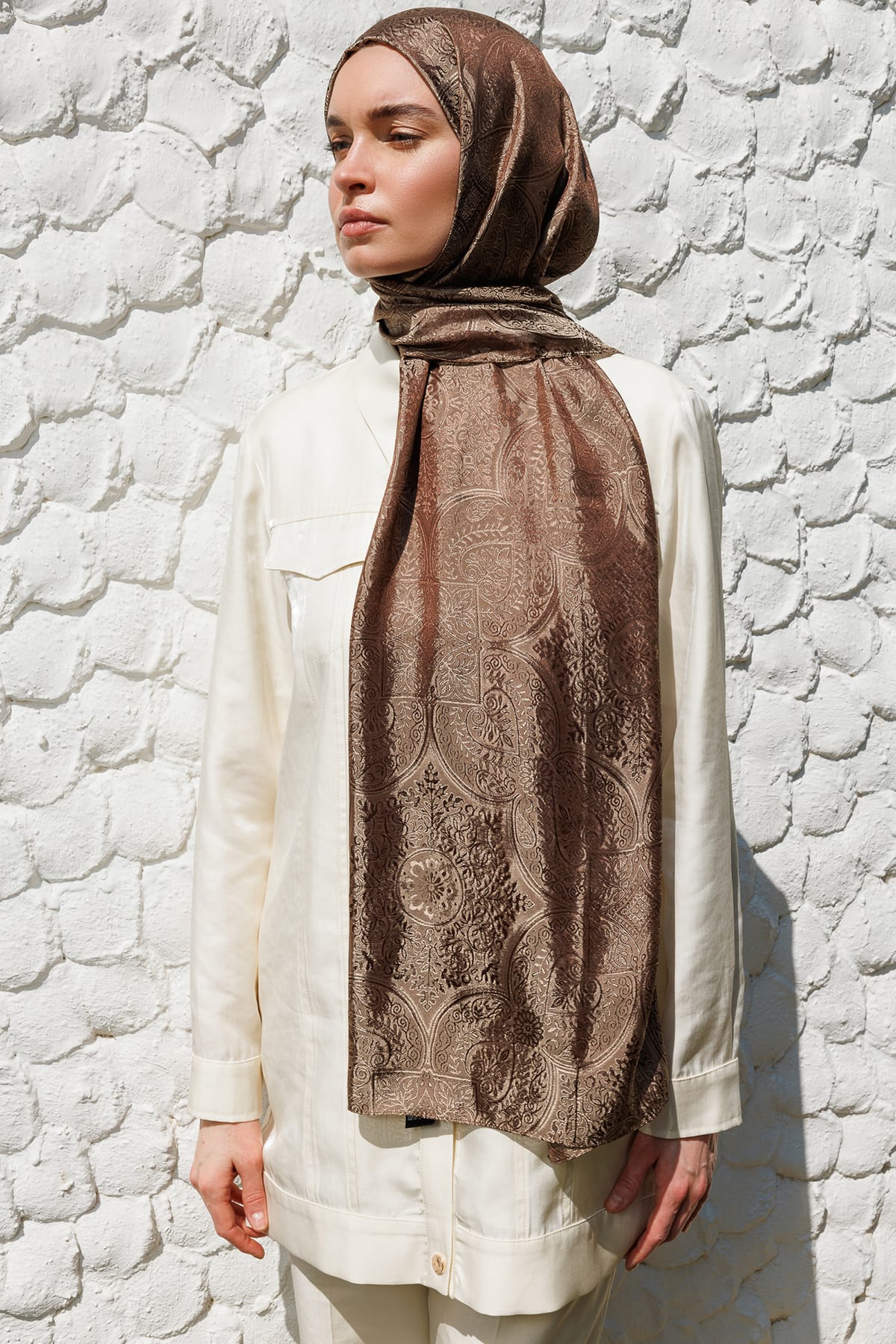 Toptan Vera Desen Shine Line Şal - Acı Kahve-Bej