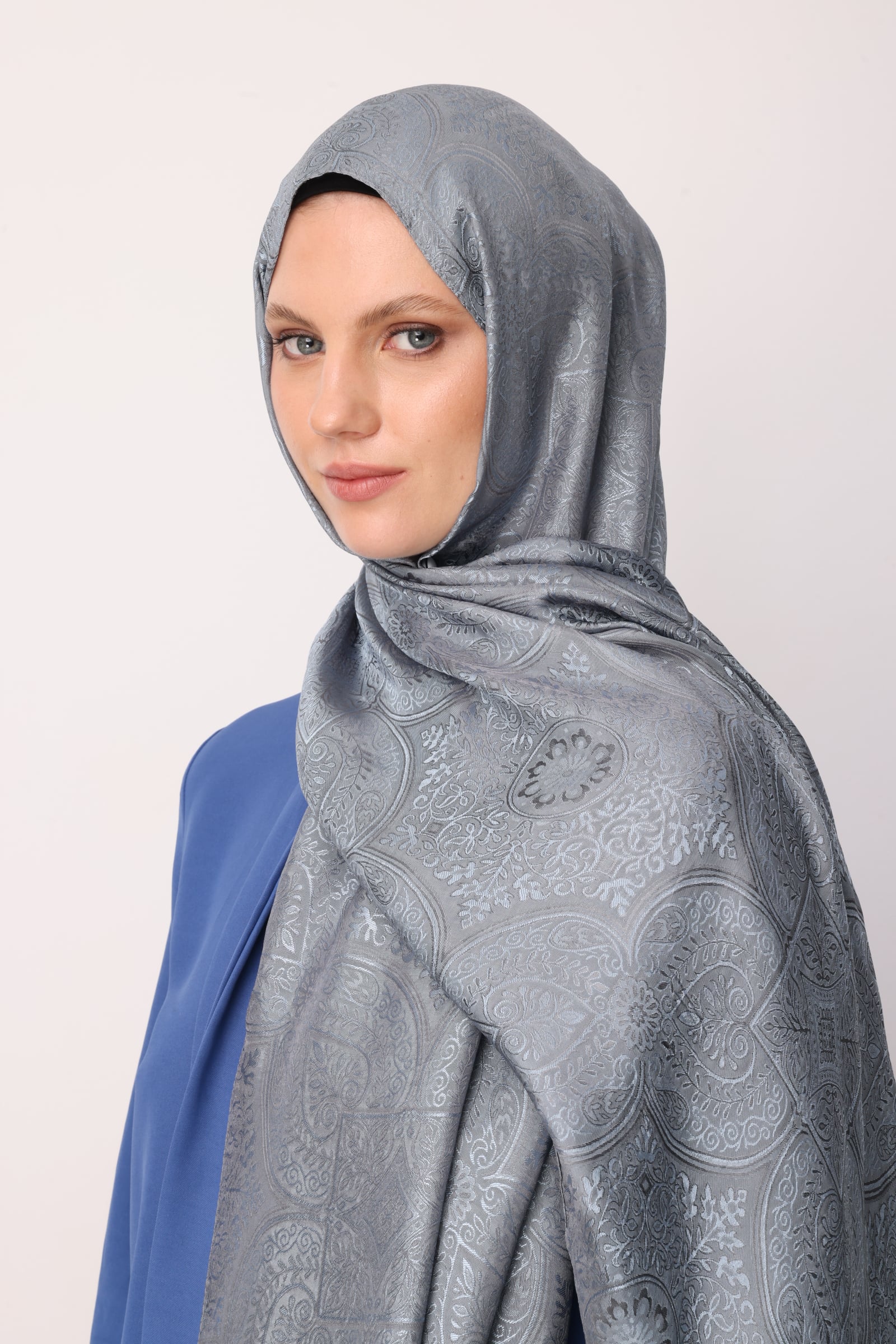 Shline Line Viscose Shawl - Dark Gray-Light Blue