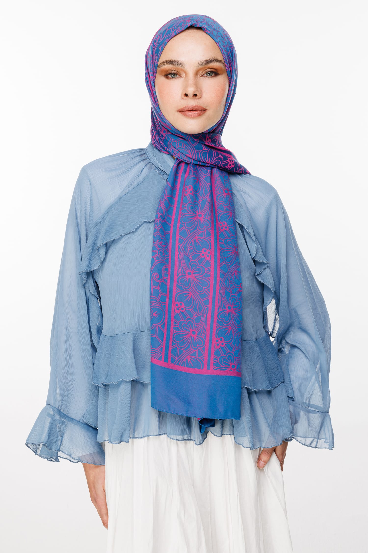 Toptan Lavin Desen Çift Taraflı Şal - Petrol Mavisi-Fuşya