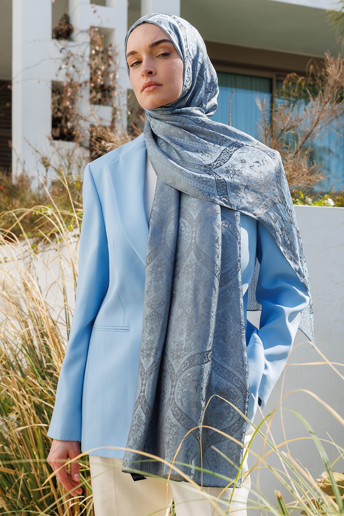 Shline Line Viscose Shawl - Dark Gray-Light Blue