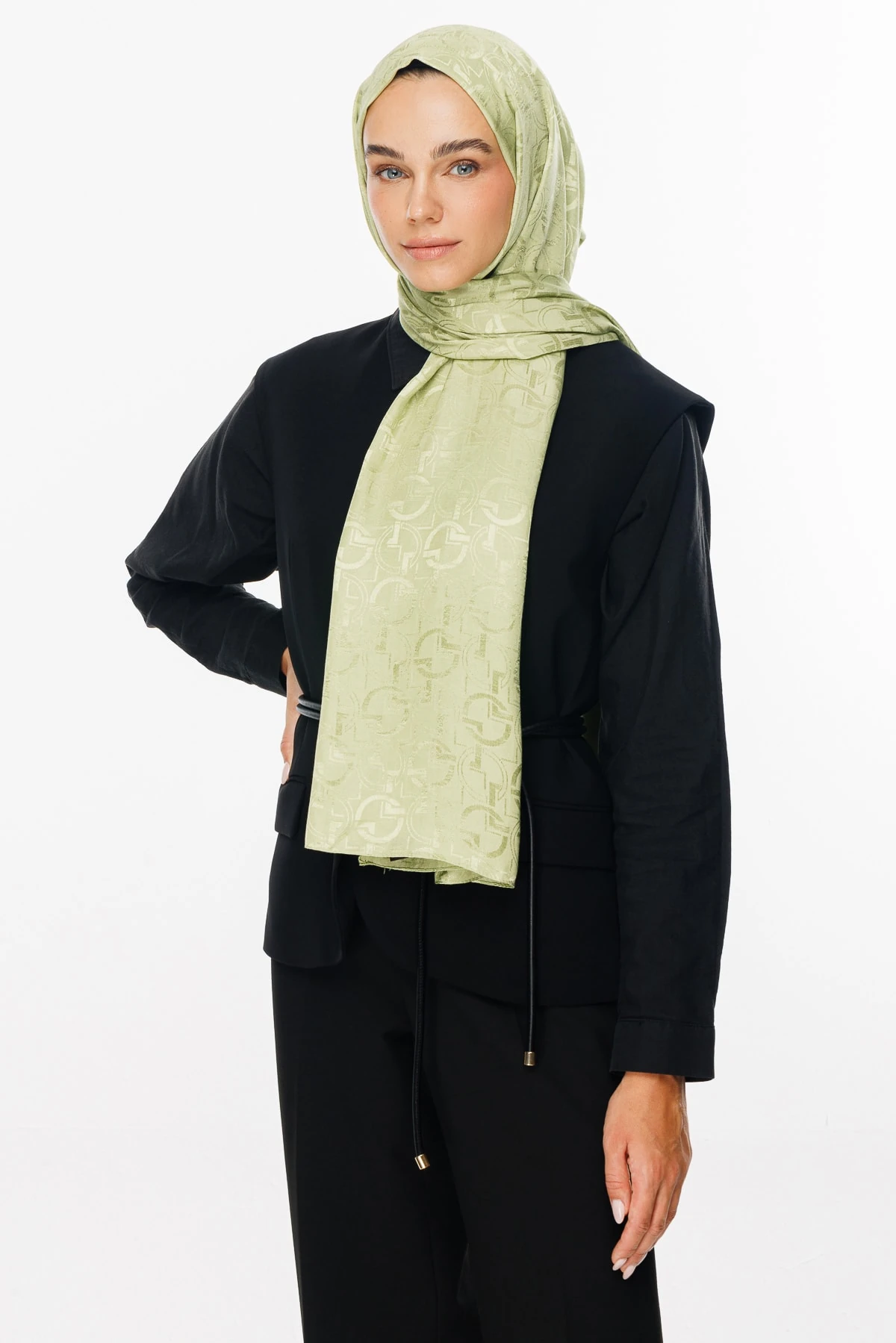 Toptan Longar Desen Parlak Jakar Şal - Fıstık Yeşili