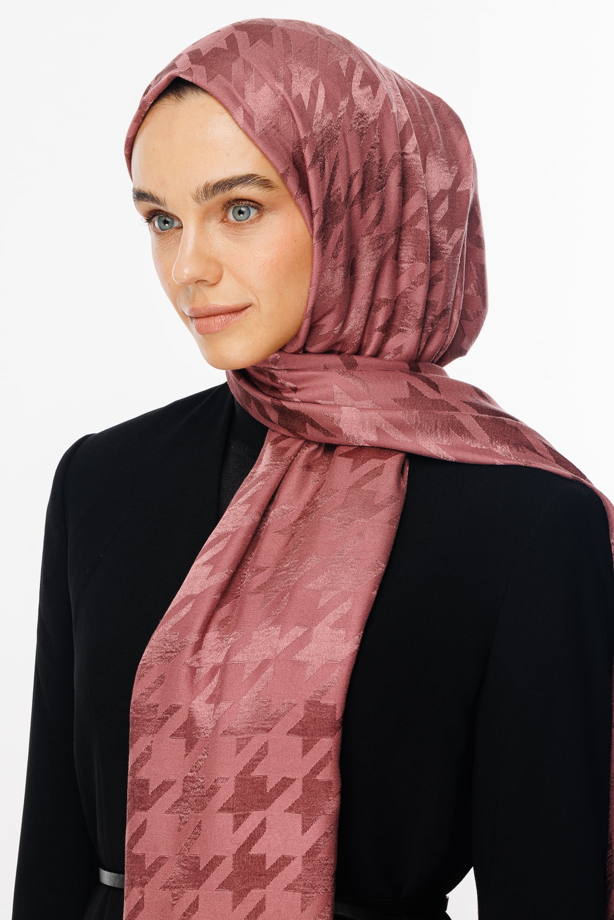 Wholesale Houndstooth Pattern Shiny Jacquard Shawl - Dried Rose