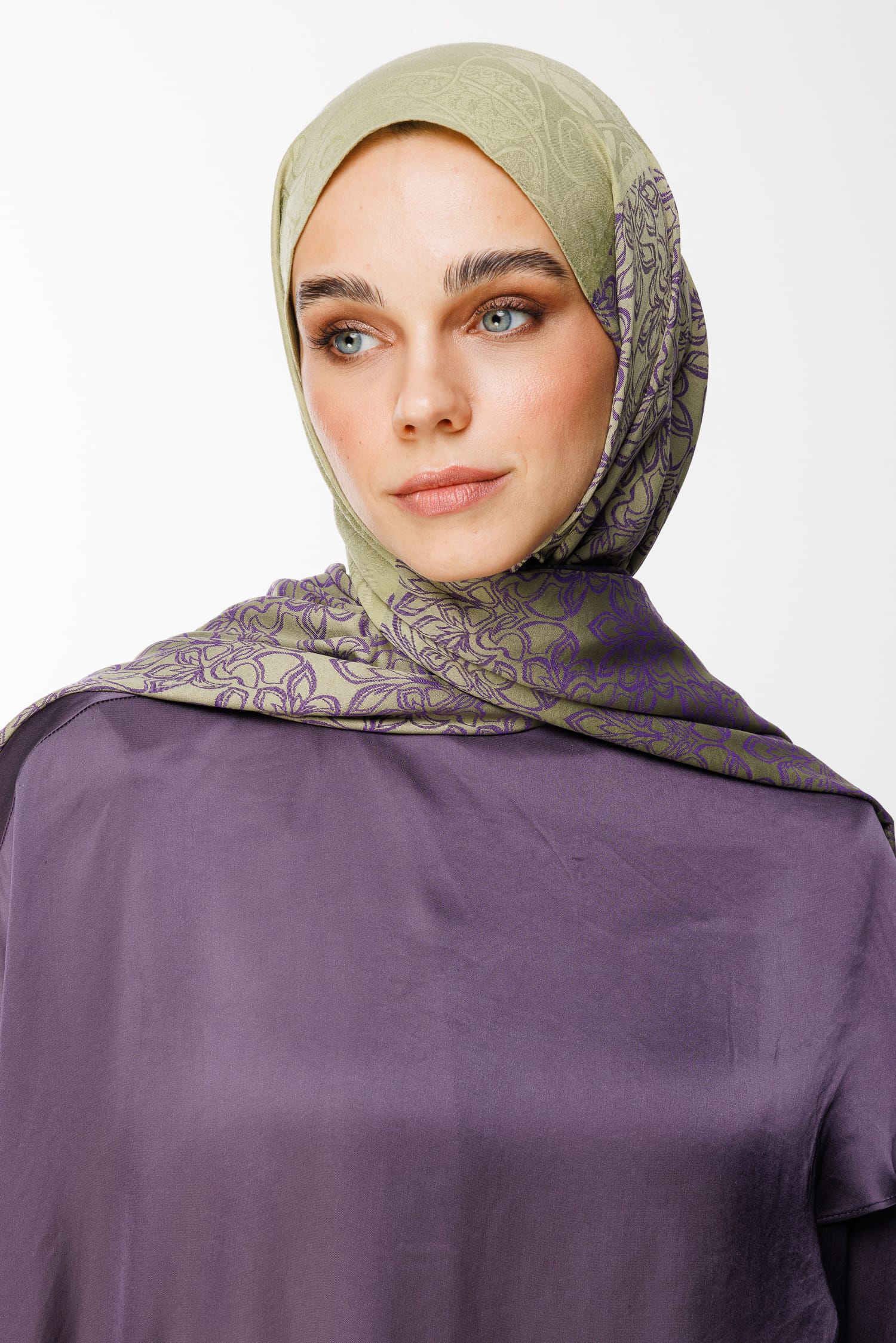 Toptan Nora Desen Çift Taraflı Şal - Zeytin-Mor