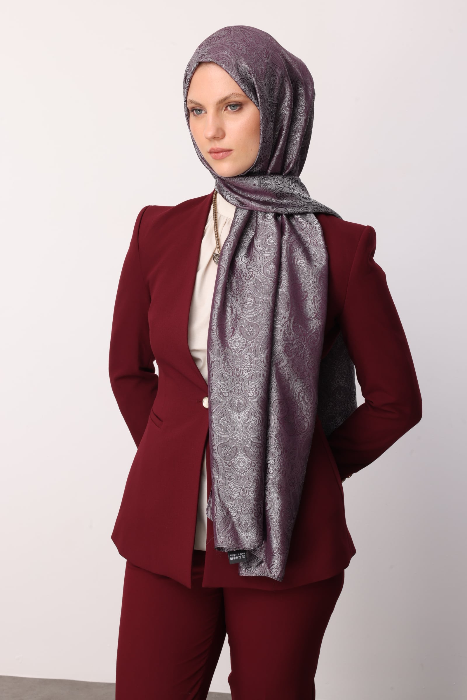 Toptan Moren Desen Shine Line Şal - Mor-Gri