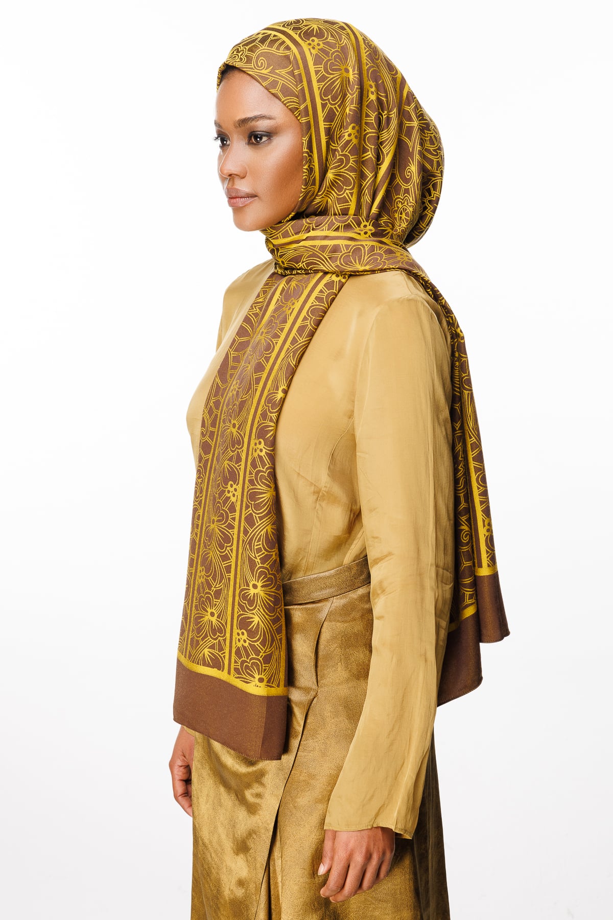 Lavin-Pattern Reversible Shawl - Bitter Coffee-Mustard