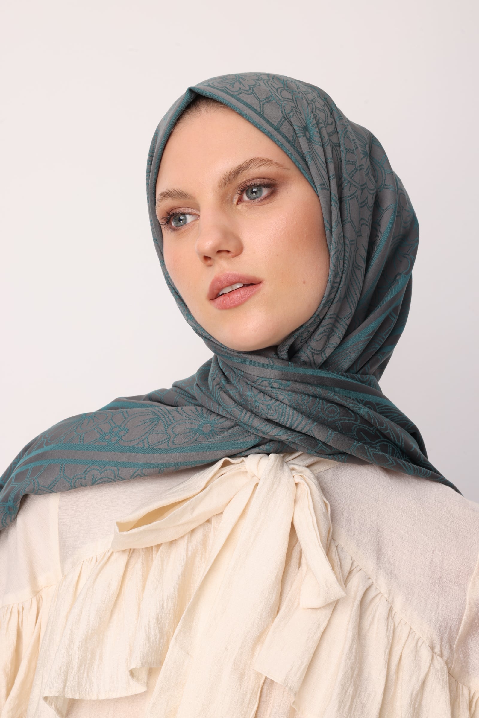 Toptan Lavin Desen Çift Taraflı Şal - Koyu Gri-Zümrüt