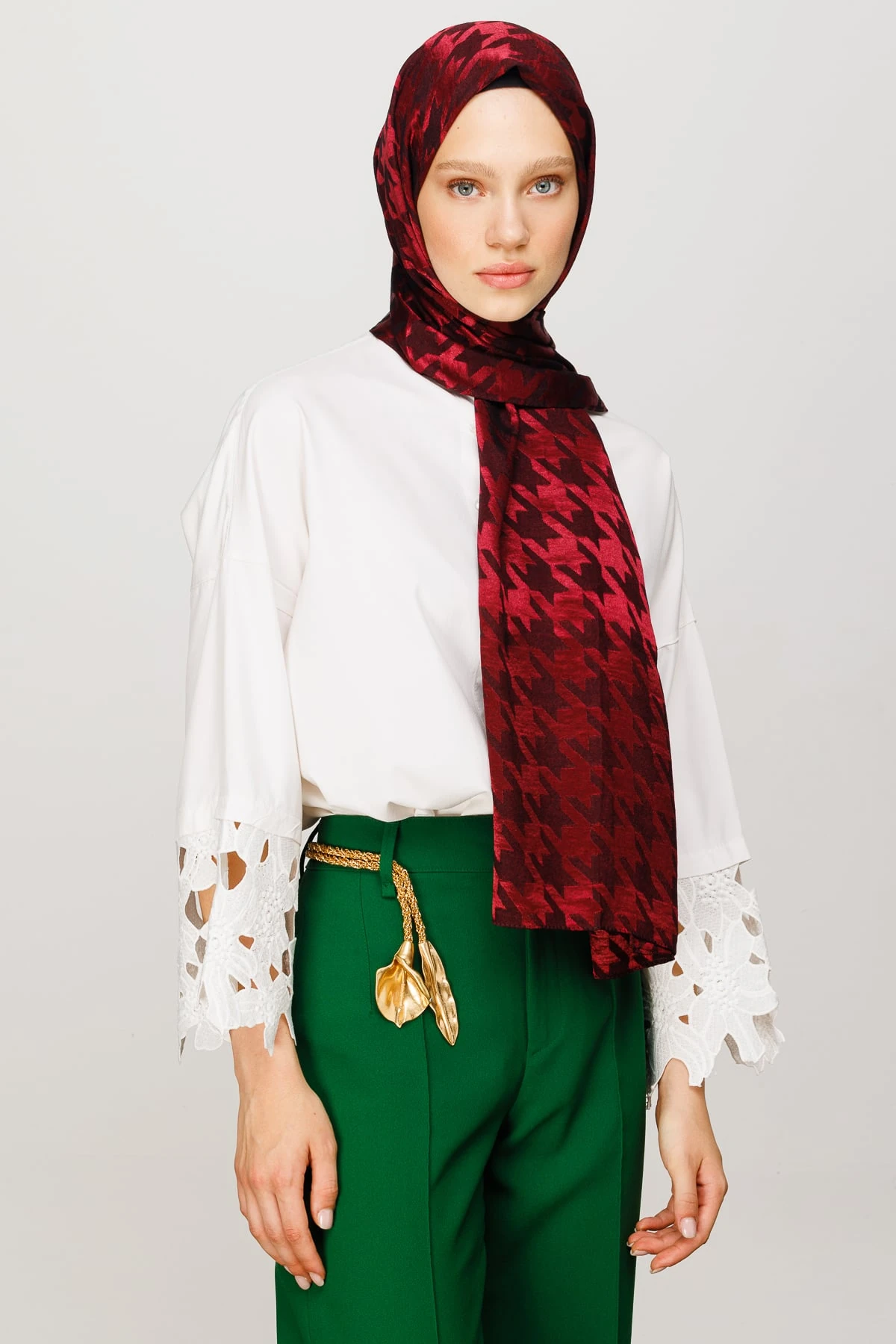 Toptan Kazayağı Desen Parlak Jakar Şal - Bordo