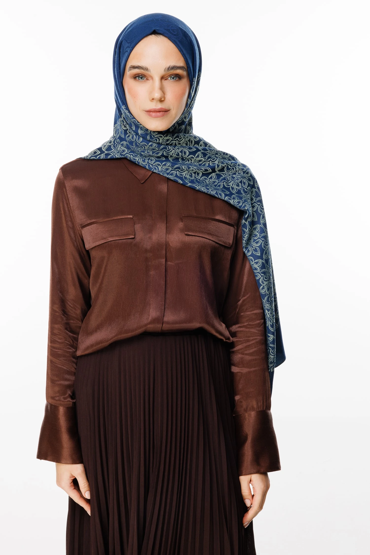 Nora-Pattern Reversible Shawl - Navy Blue-Aqua Green