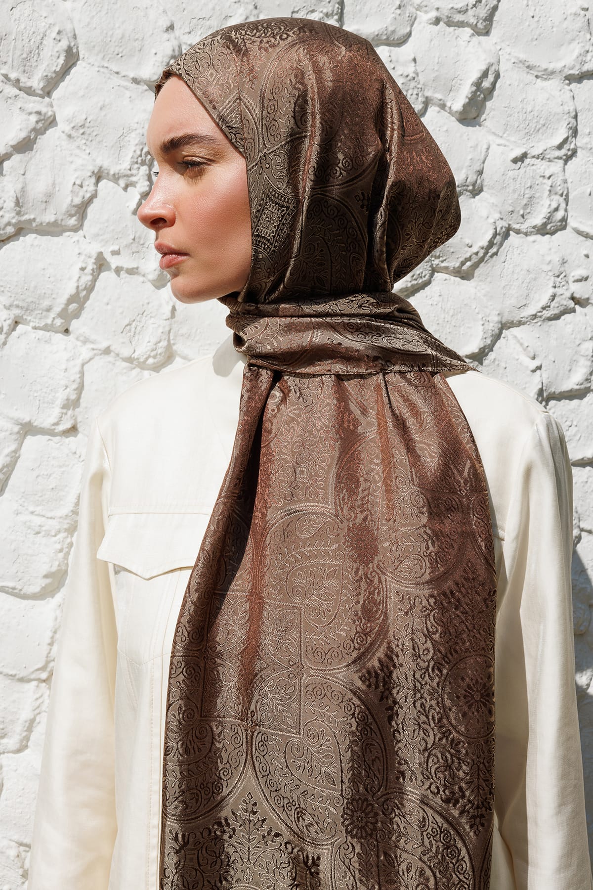 Toptan Vera Desen Shine Line Şal - Acı Kahve-Bej