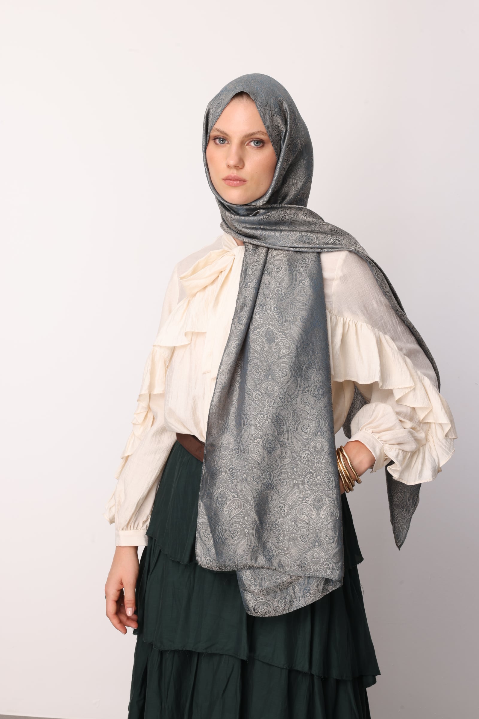 Toptan Moren Desen Shine Line Şal - Petrol Mavisi-Bej