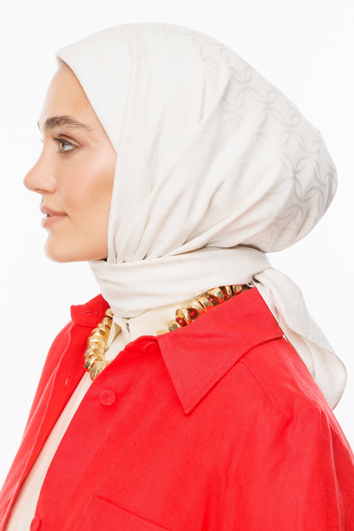 Toptan London Desen İpeksi Jakar Eşarp - İnci