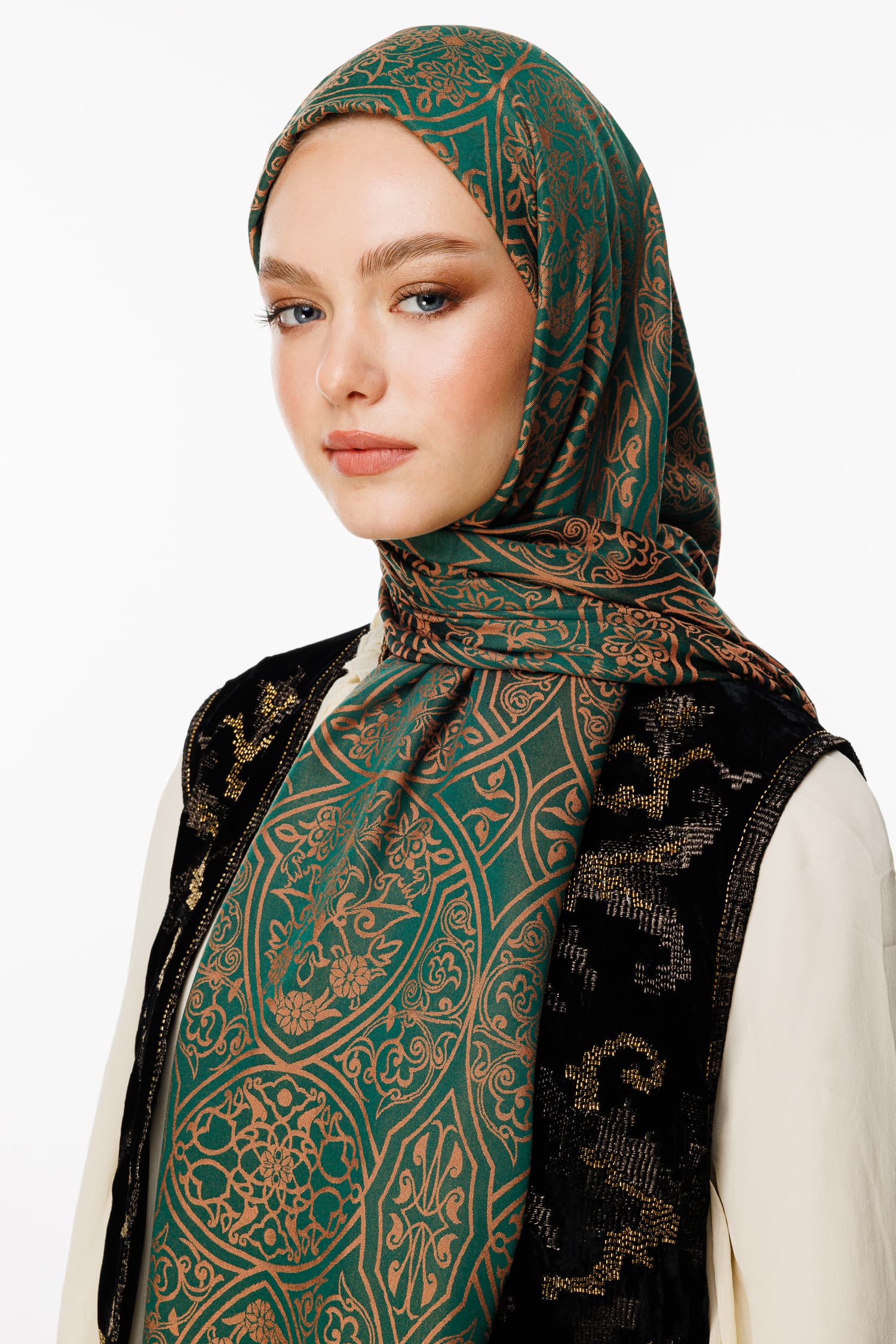 Morocco Pattern Double-Sided Shawl - Emerald-Apricot