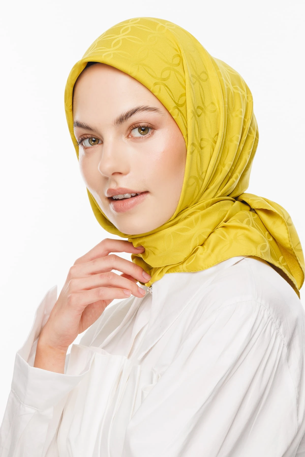 Toptan London Desen İpeksi Jakar Eşarp - Oliv Yeşili