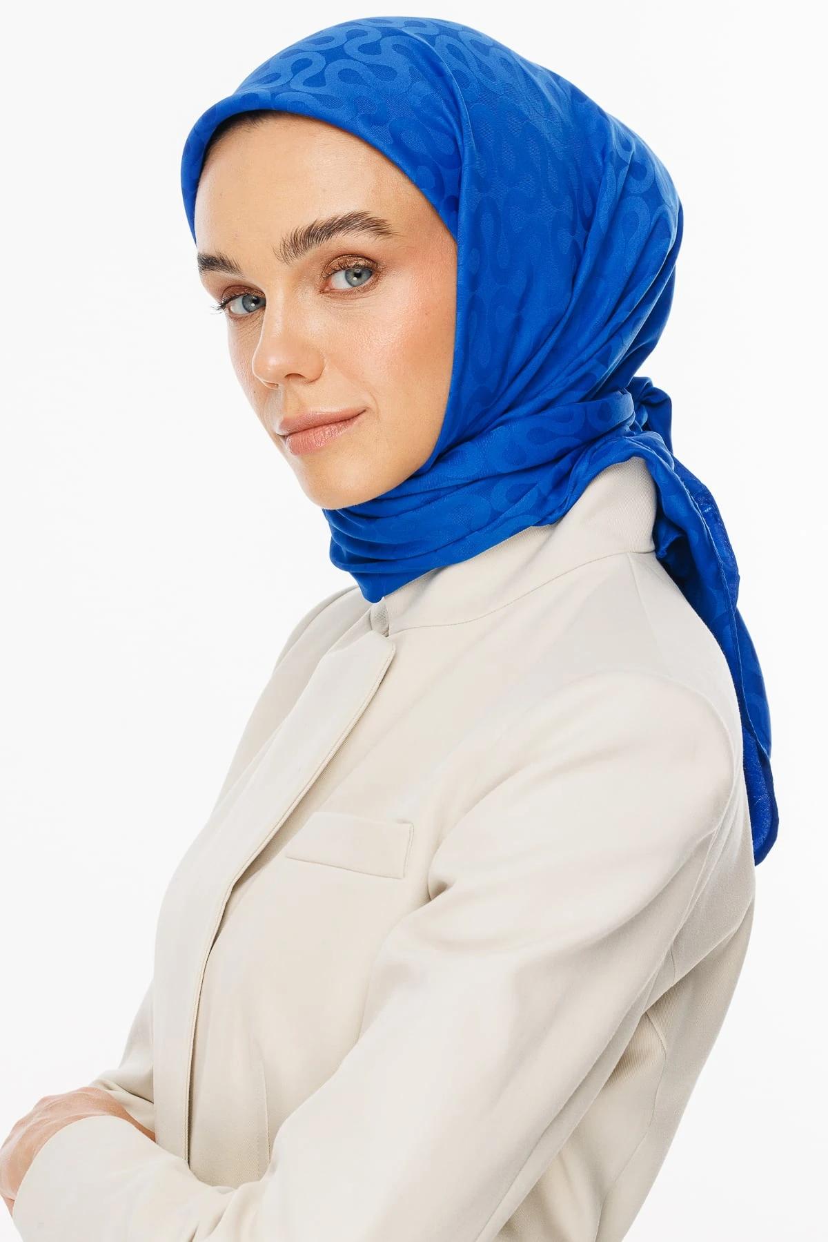 Toptan Moon Desen İpeksi Jakar Eşarp - Saks Mavi