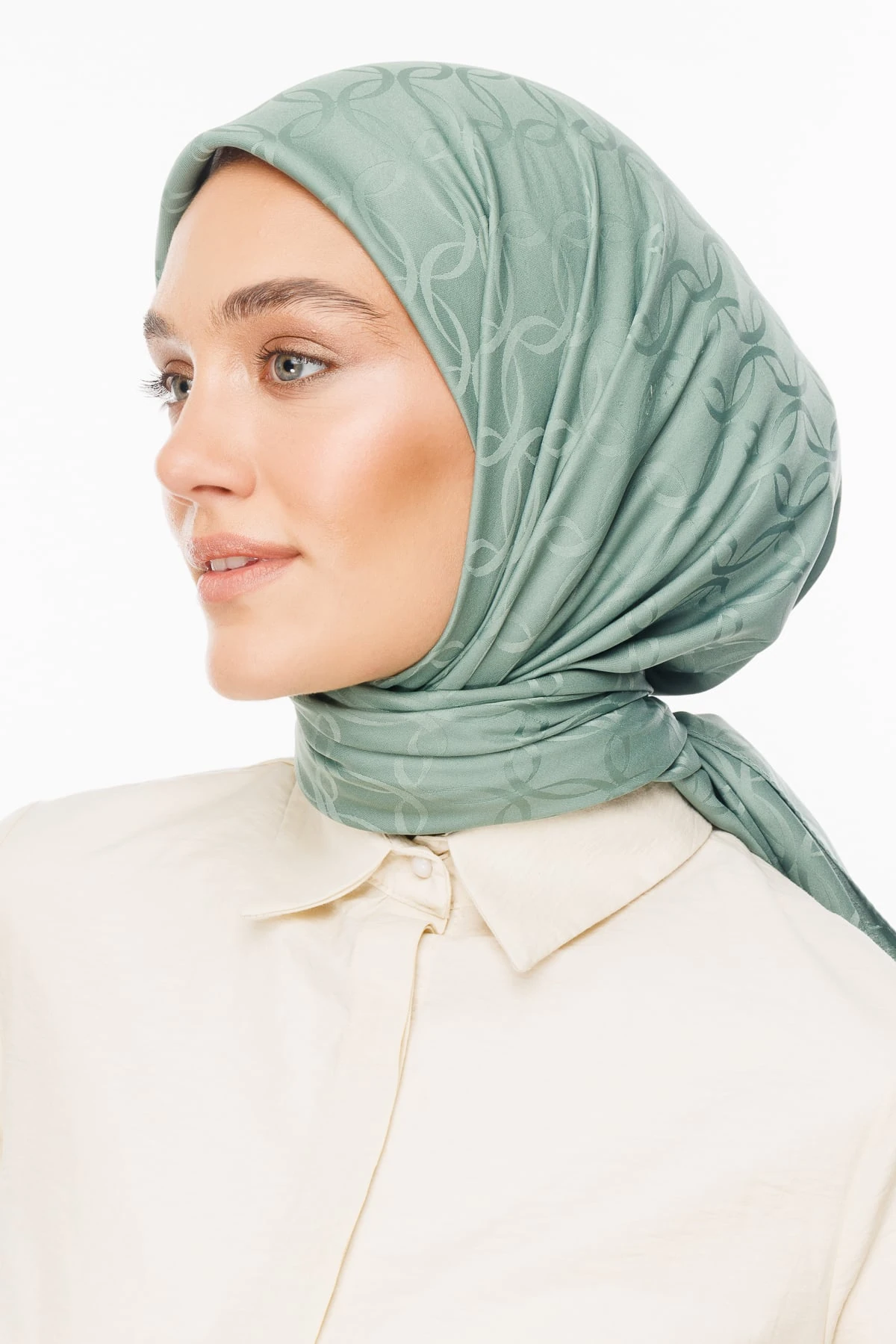 Toptan London Desen İpeksi Jakar Eşarp - Küf Yeşili