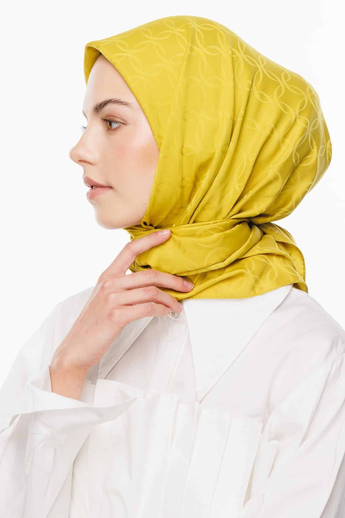 Toptan London Desen İpeksi Jakar Eşarp - Oliv Yeşili