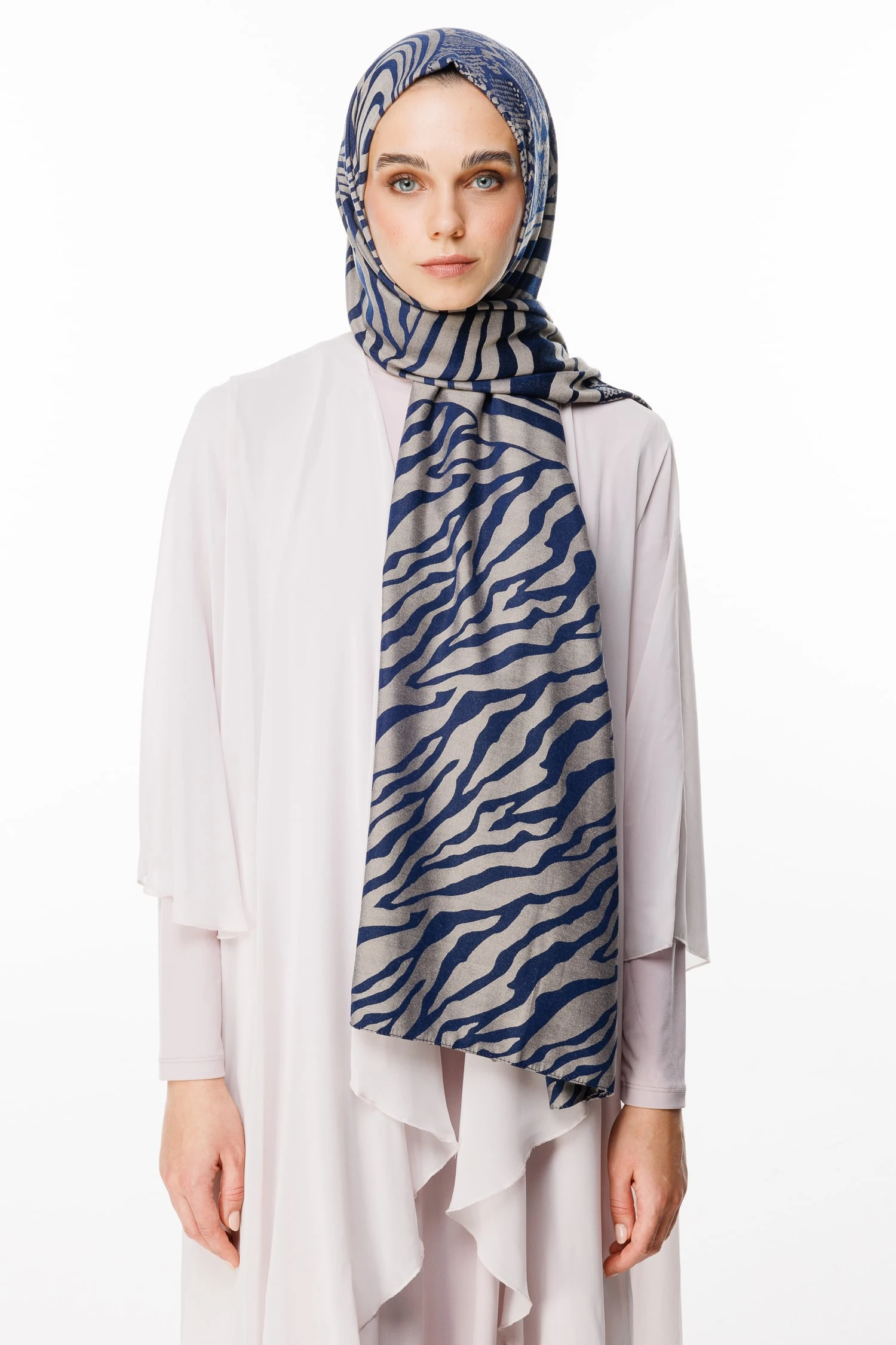 Toptan Riad Desen Çift Taraflı Şal - Lacivert-Bej