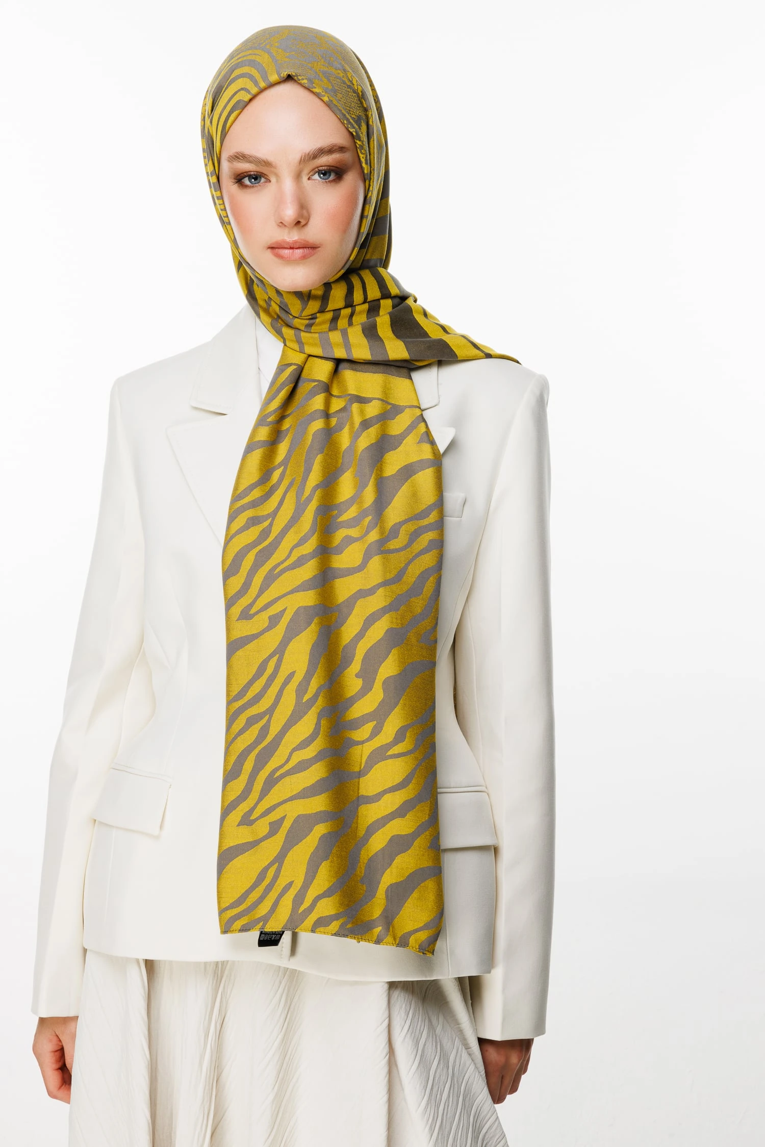 Toptan Riad Desen Çift Taraflı Şal - Koyu Gri-Hardal