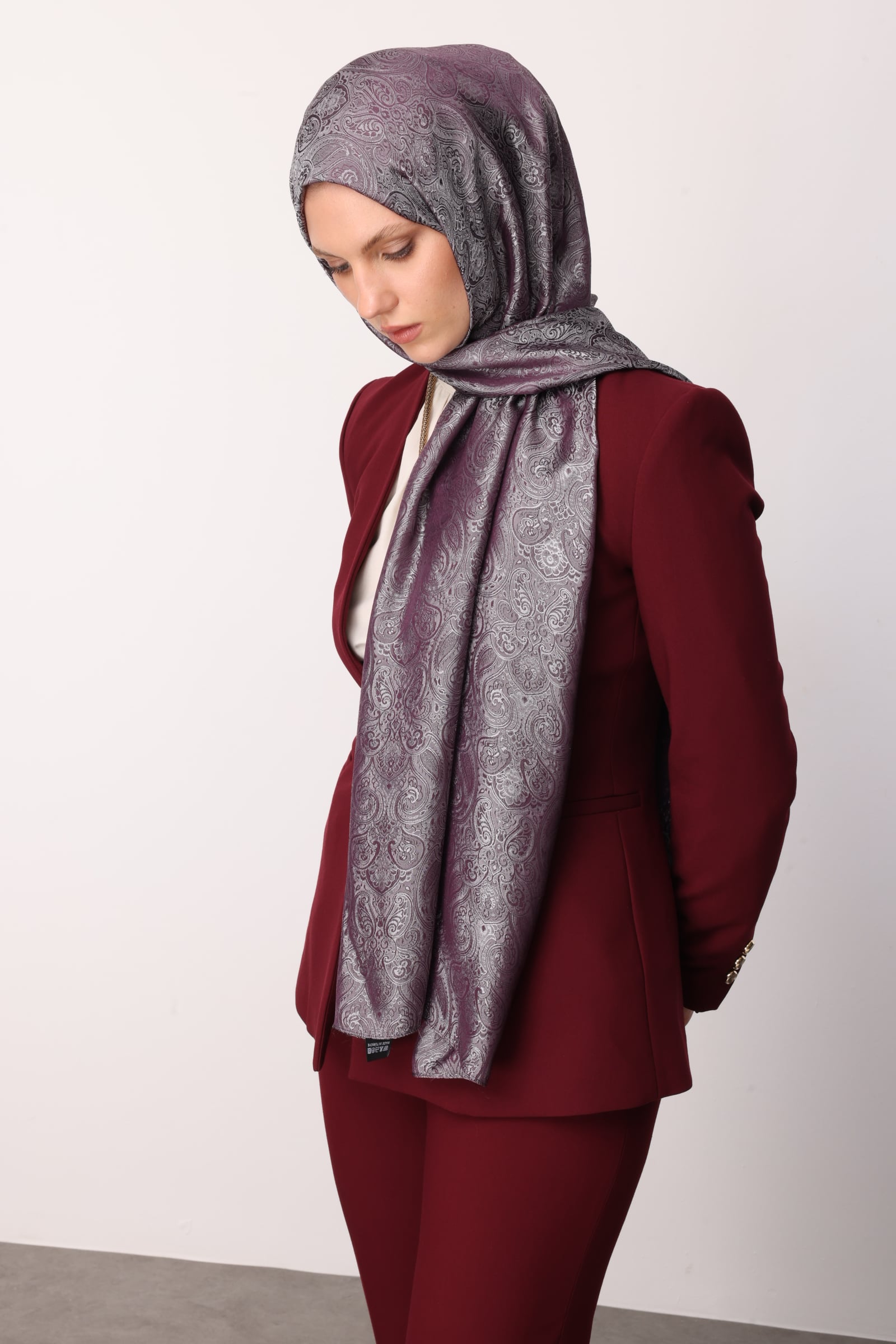 Toptan Moren Desen Shine Line Şal - Mor-Gri