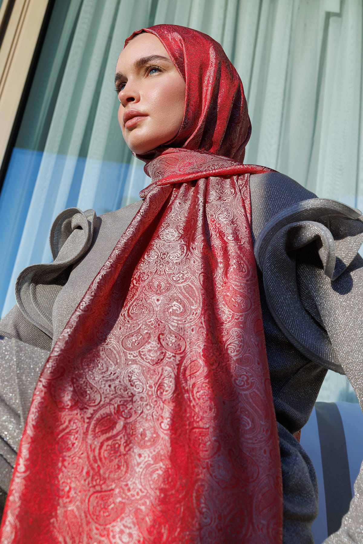 Moren Pattern Shine Line Shawl - Burgundy-Mint Green