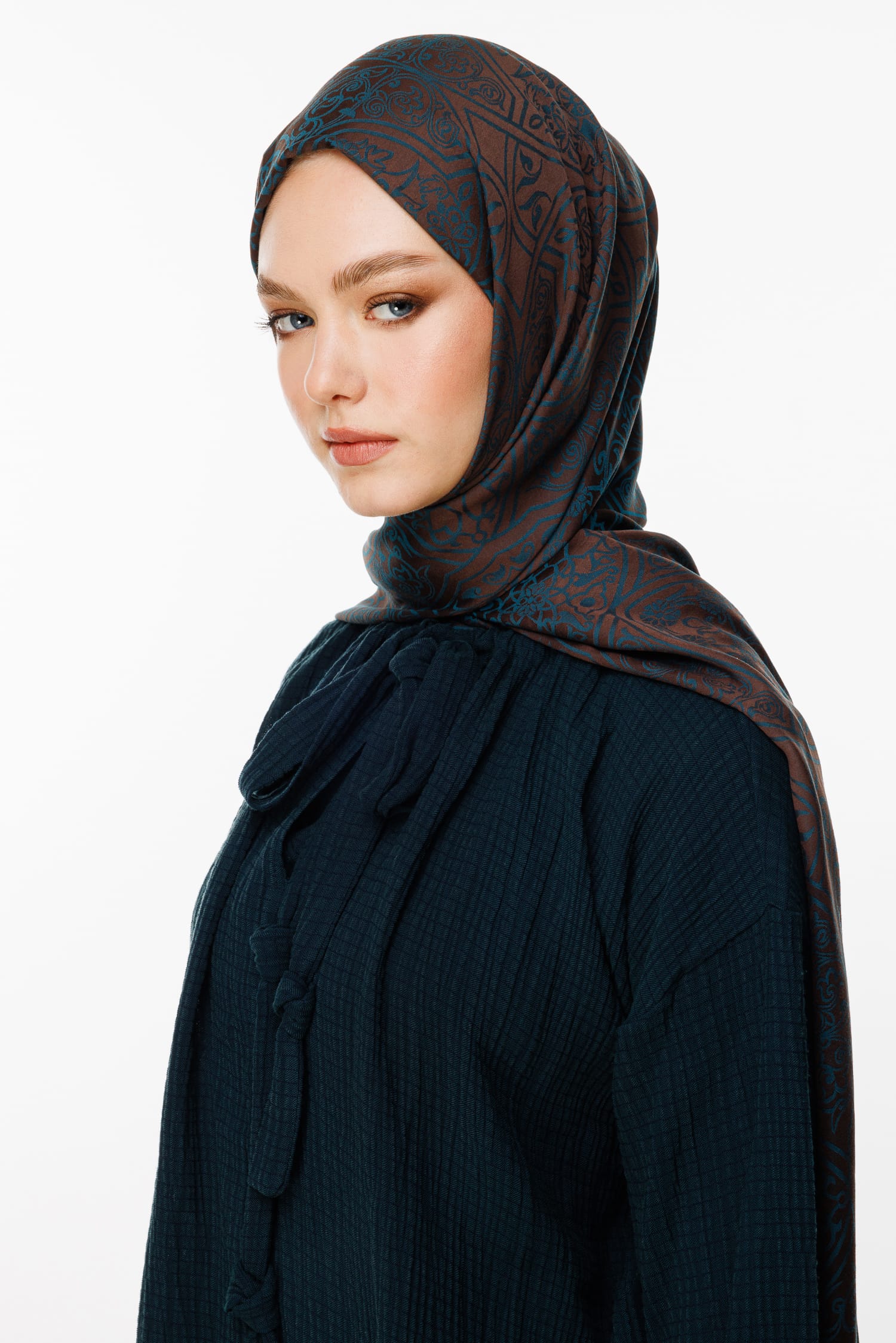 Toptan Morocco Desen Çift Taraflı Şal - Acı Kahve-Petrol Mavisi