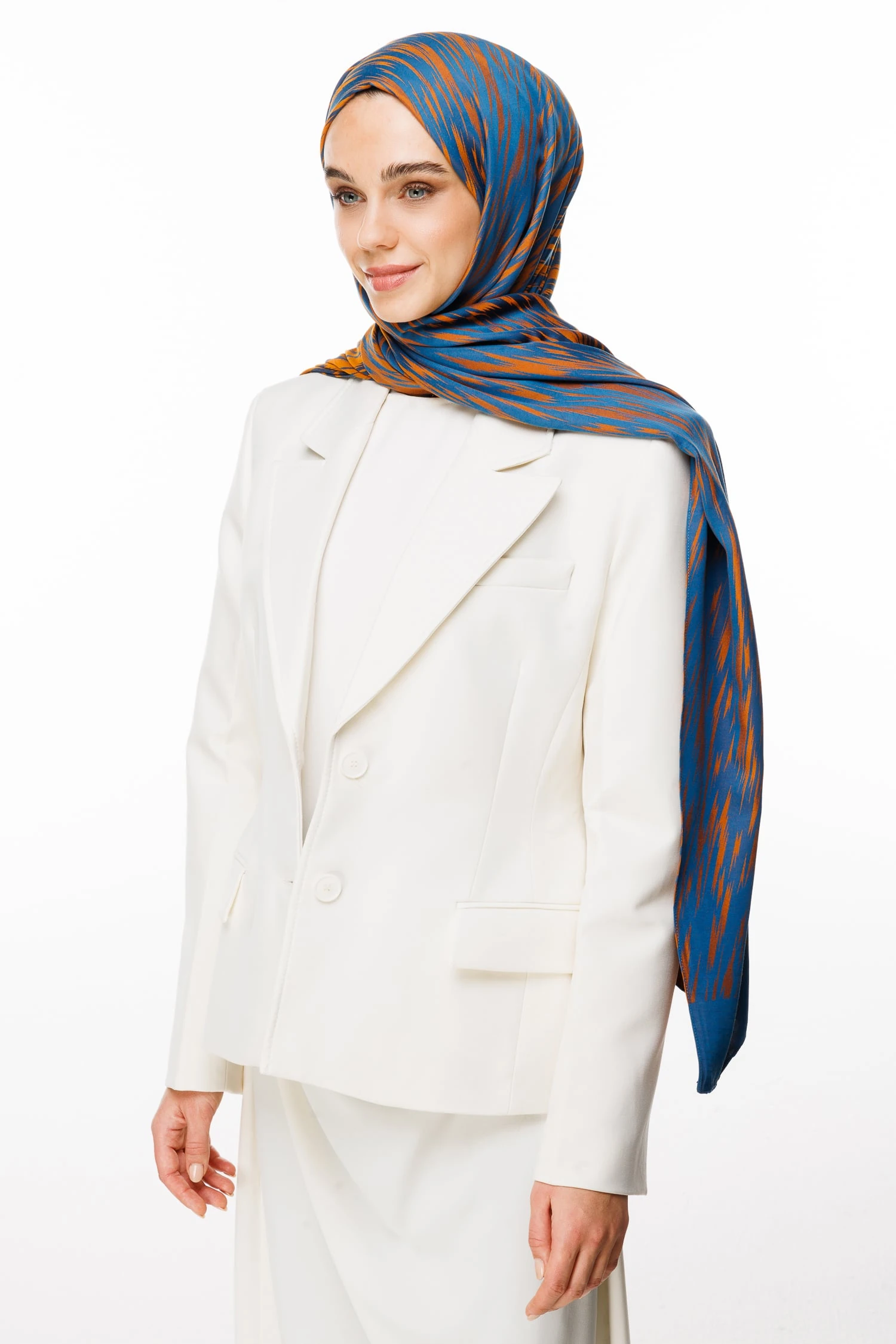 Selis-Pattern Reversible Shawl - Petrol Blue-Orange
