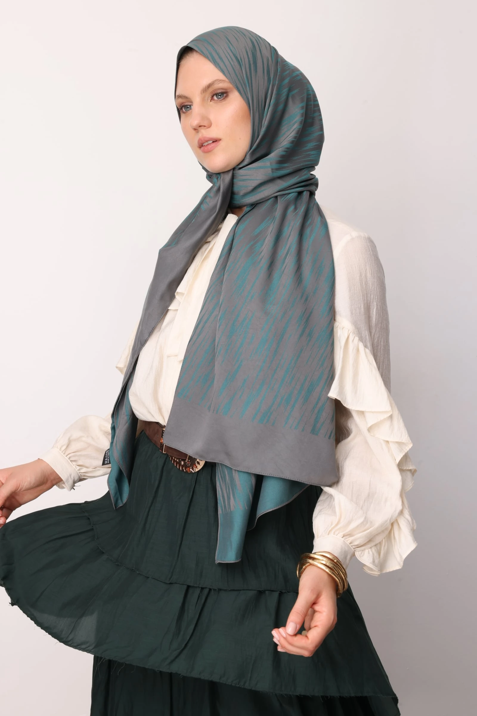 Toptan Selis Desen Çift Taraflı Şal - Koyu Gri-Zümrüt