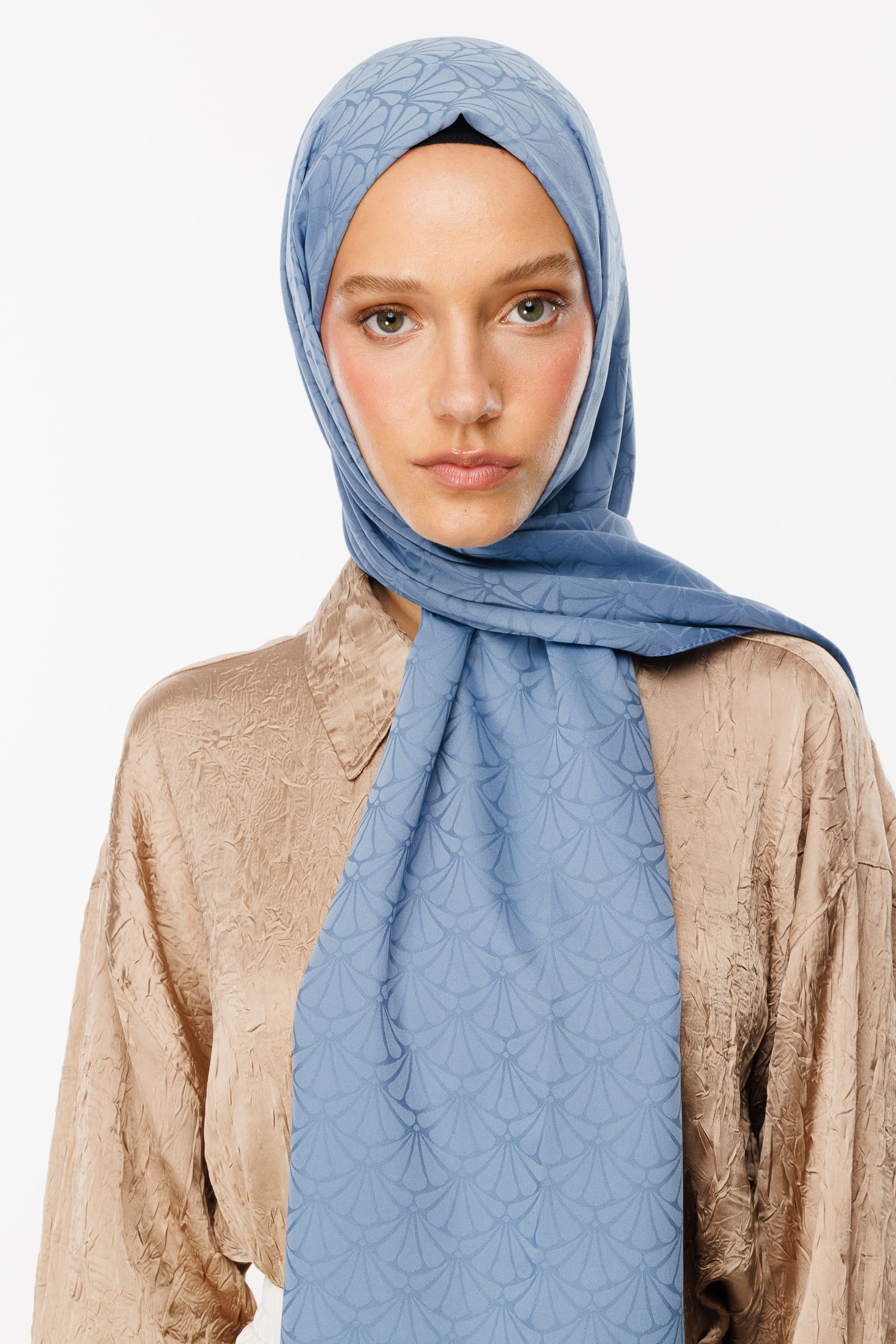 Toptan Lotus Desen İpeksi Jakar Şal - Gök Mavisi