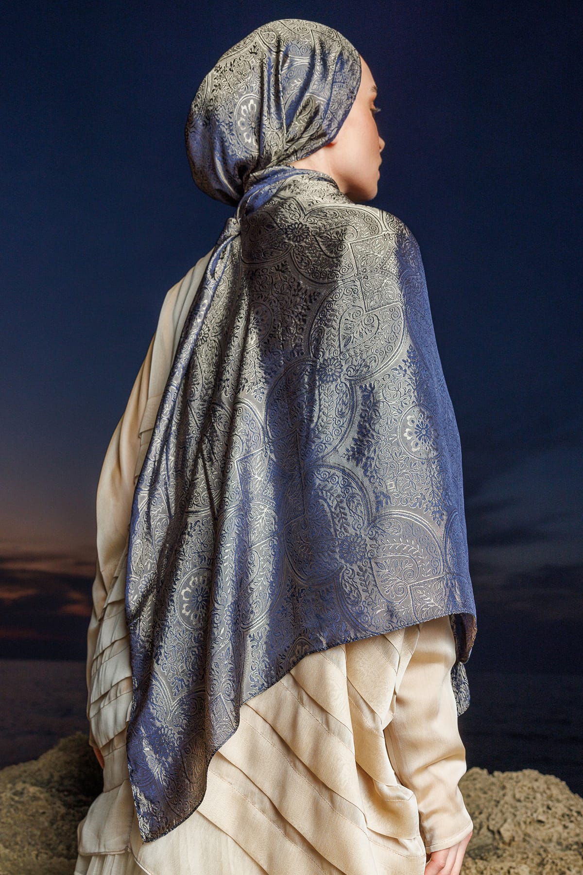 Toptan Vera Desen Shine Line Şal - Lacivert-Bej